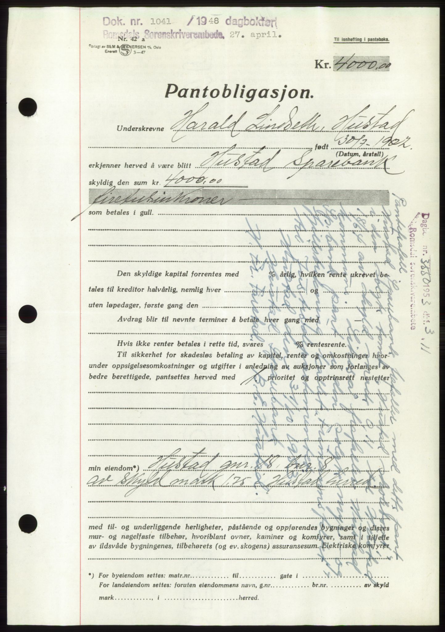 Romsdal sorenskriveri, SAT/A-4149/1/2/2C: Pantebok nr. B3, 1946-1948, Dagboknr: 1041/1948