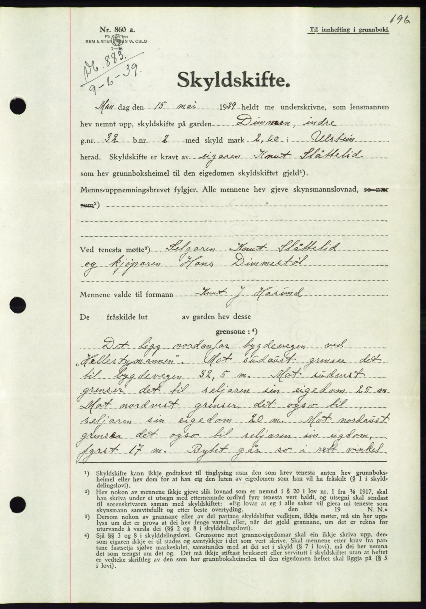 Søre Sunnmøre sorenskriveri, AV/SAT-A-4122/1/2/2C/L0068: Pantebok nr. 62, 1939-1939, Dagboknr: 883/1939