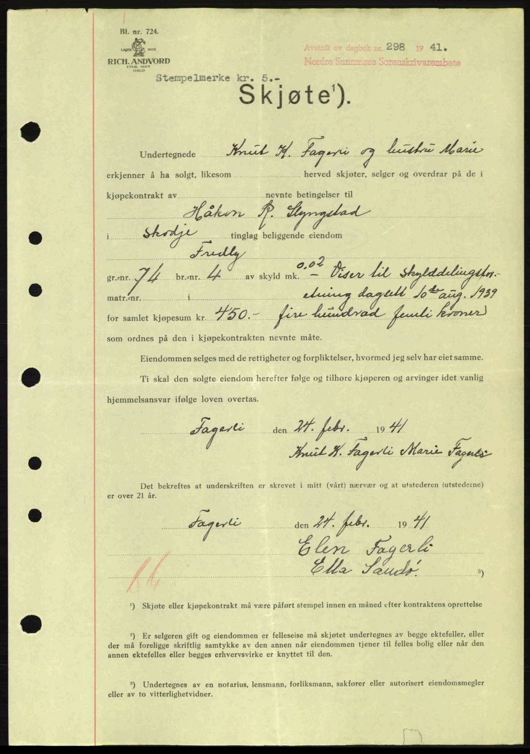 Nordre Sunnmøre sorenskriveri, AV/SAT-A-0006/1/2/2C/2Ca: Pantebok nr. A10, 1940-1941, Dagboknr: 298/1941