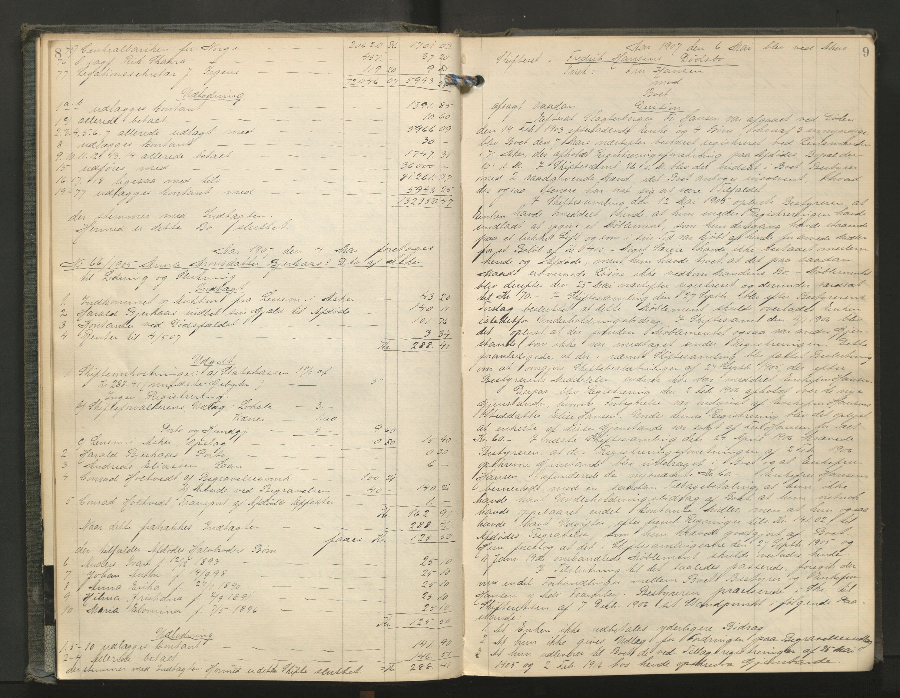 Aker kriminaldommer, skifte- og auksjonsforvalterembete, AV/SAO-A-10452/H/He/L0003: Utlodningsprotokoll, 1907-1911, s. 8-9
