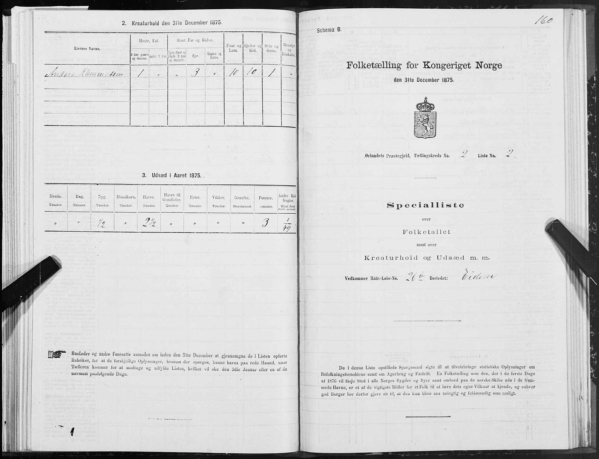 SAT, Folketelling 1875 for 1621P Ørland prestegjeld, 1875, s. 1160