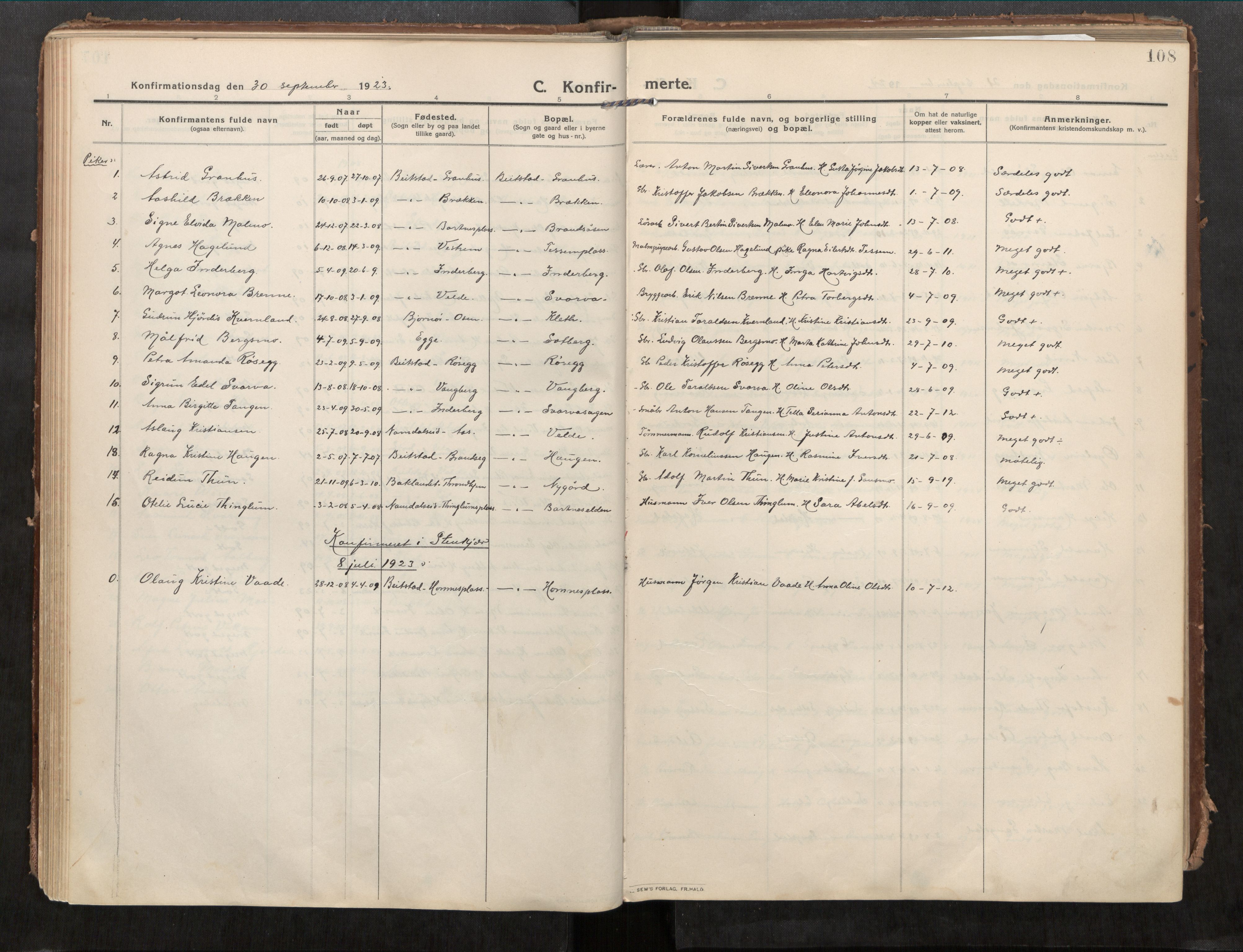 Beitstad sokneprestkontor, AV/SAT-A-1162/I/I1/I1a/L0001: Ministerialbok nr. 1, 1912-1927, s. 108