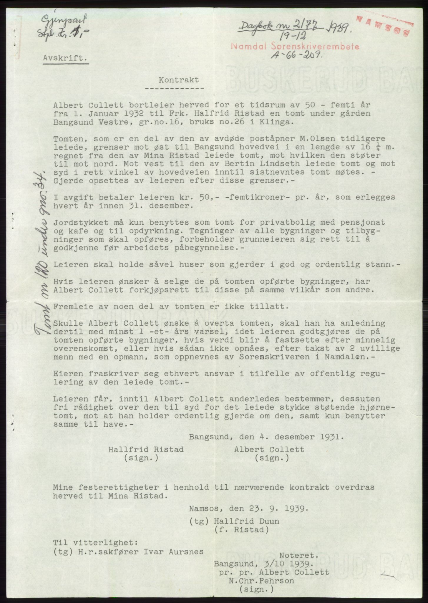 Namdal sorenskriveri, SAT/A-4133/1/2/2C: Pantebok nr. -, 1937-1939, Tingl.dato: 19.12.1939