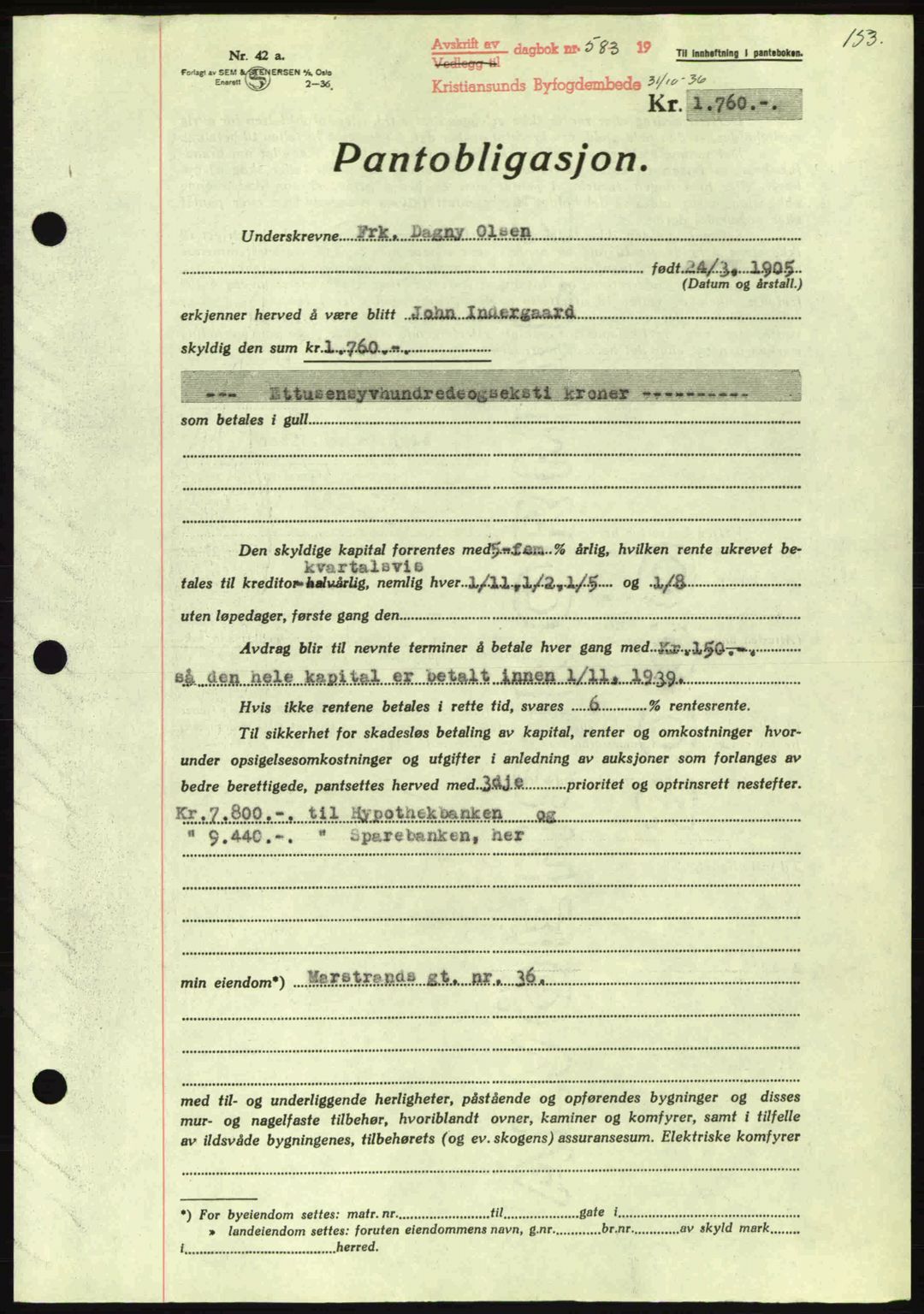 Kristiansund byfogd, AV/SAT-A-4587/A/27: Pantebok nr. 29, 1936-1937, Dagboknr: 583/1936