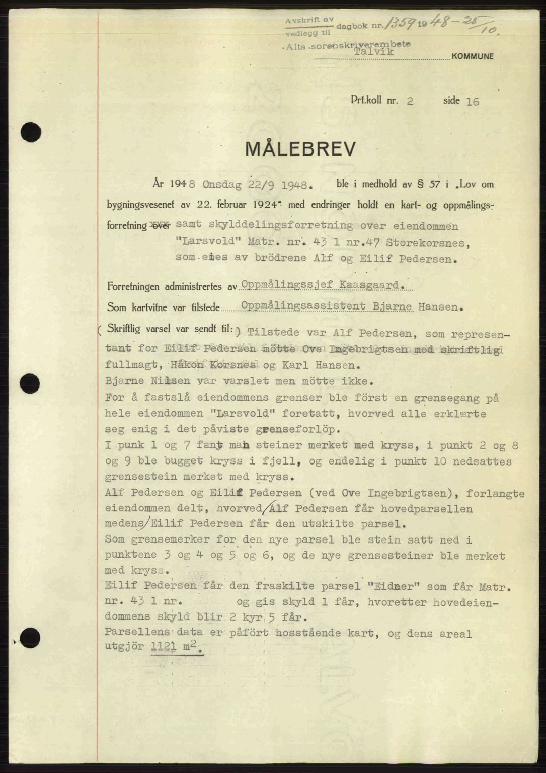 Alta fogderi/sorenskriveri, SATØ/SATØ-5/1/K/Kd/L0037pantebok: Pantebok nr. 39-40, 1948-1949, Dagboknr: 1359/1948