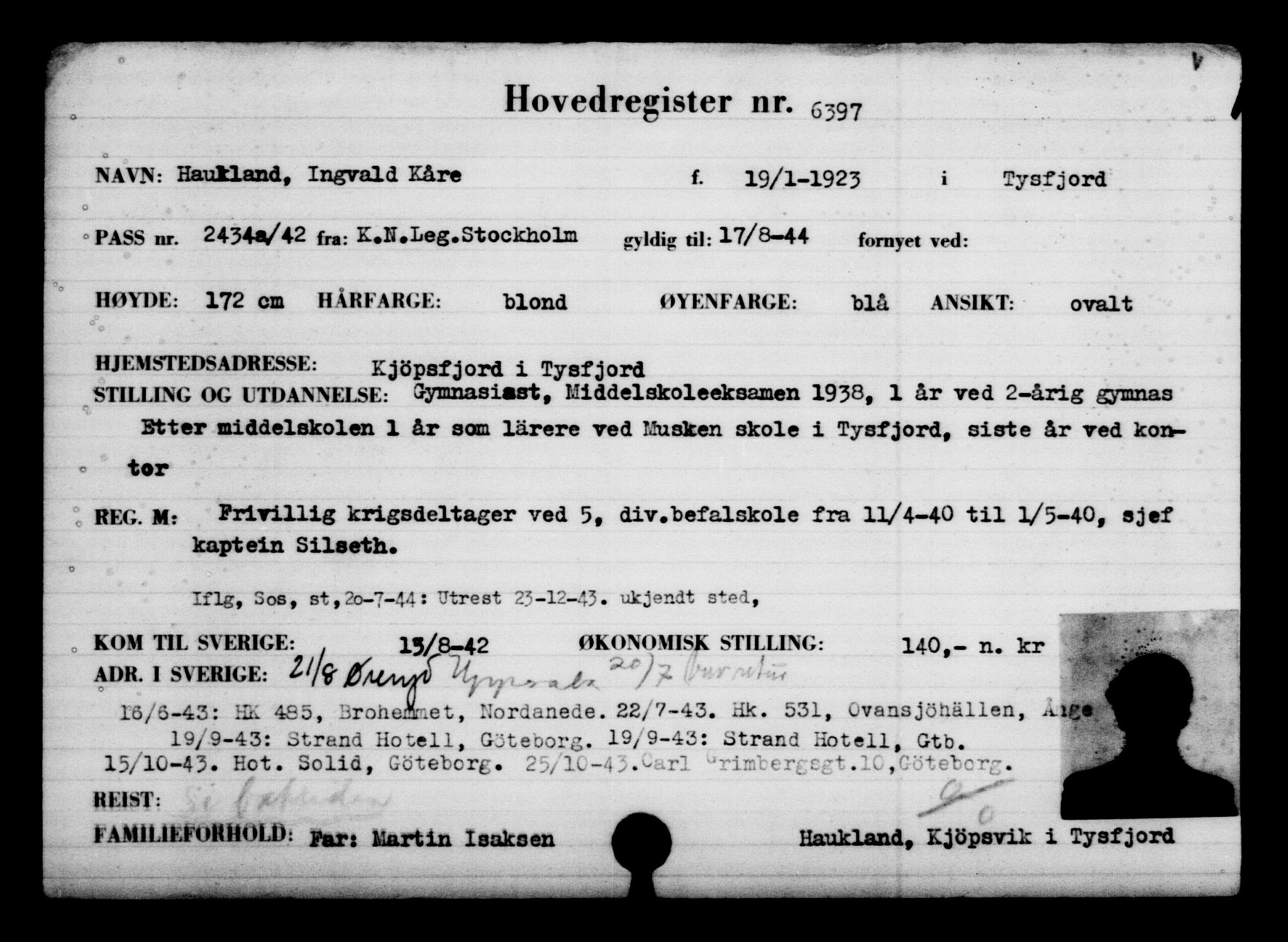 Utenriksstasjonene, Legasjonen i Stockholm, Flyktningkontoret, AV/RA-S-6753/V/Va/L0004: Kjesäterkartoteket, flyktninger med registreringsnr. 3496-6610, 1940-1945, s. 3429