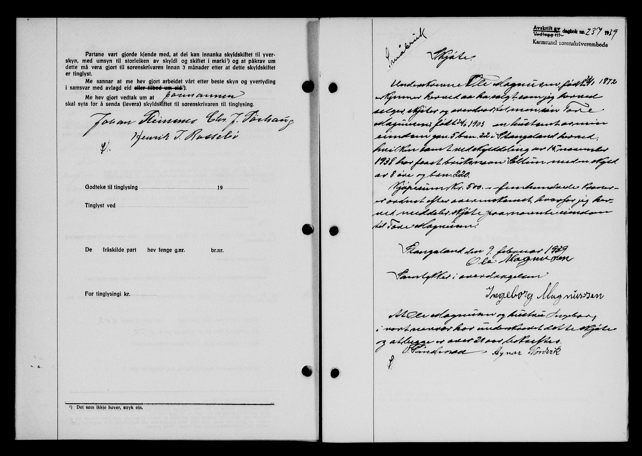 Karmsund sorenskriveri, SAST/A-100311/01/II/IIB/L0070: Pantebok nr. 51A, 1938-1939, Dagboknr: 237/1939
