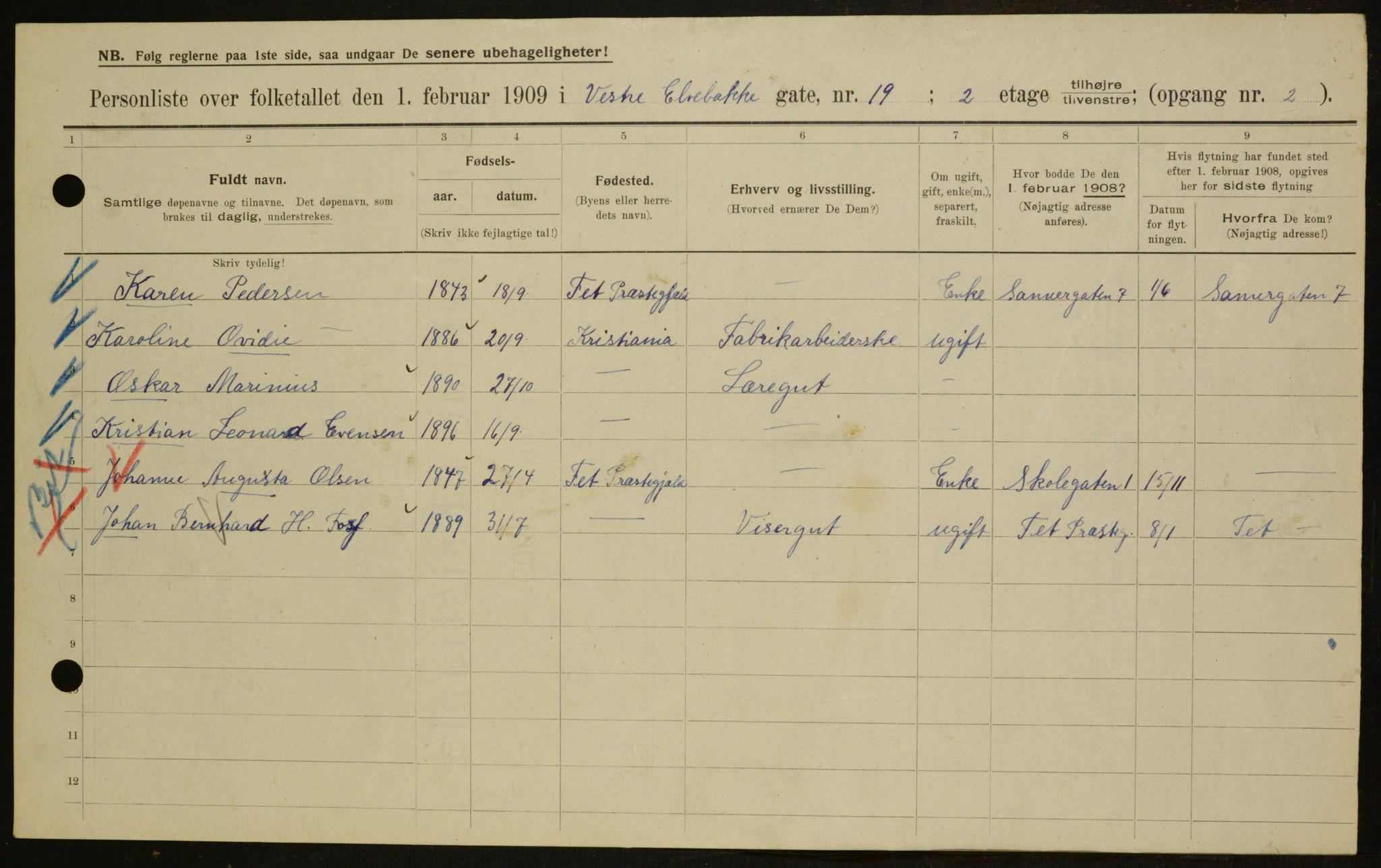 OBA, Kommunal folketelling 1.2.1909 for Kristiania kjøpstad, 1909, s. 111180