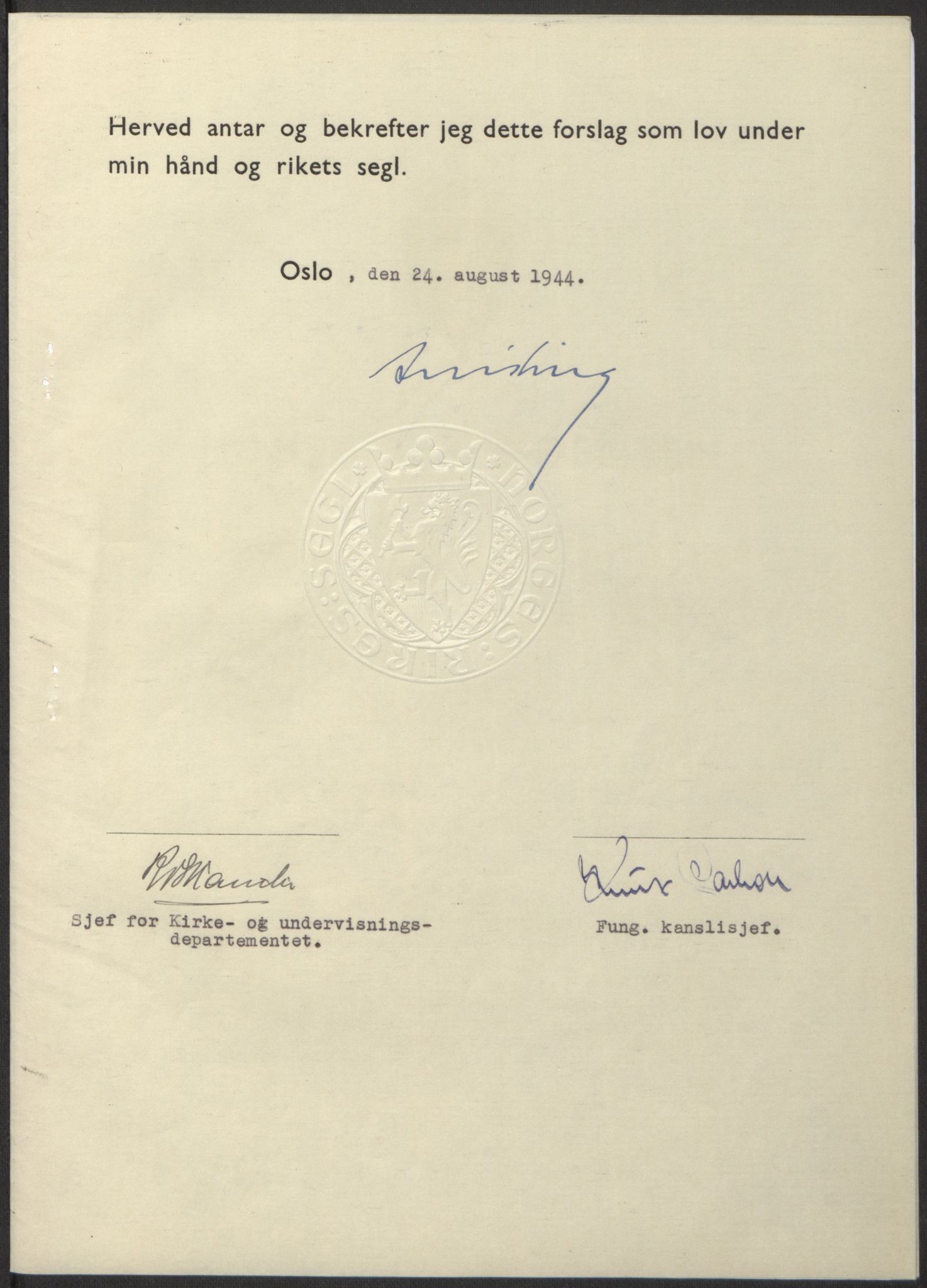 NS-administrasjonen 1940-1945 (Statsrådsekretariatet, de kommisariske statsråder mm), RA/S-4279/D/Db/L0100: Lover, 1944, s. 394