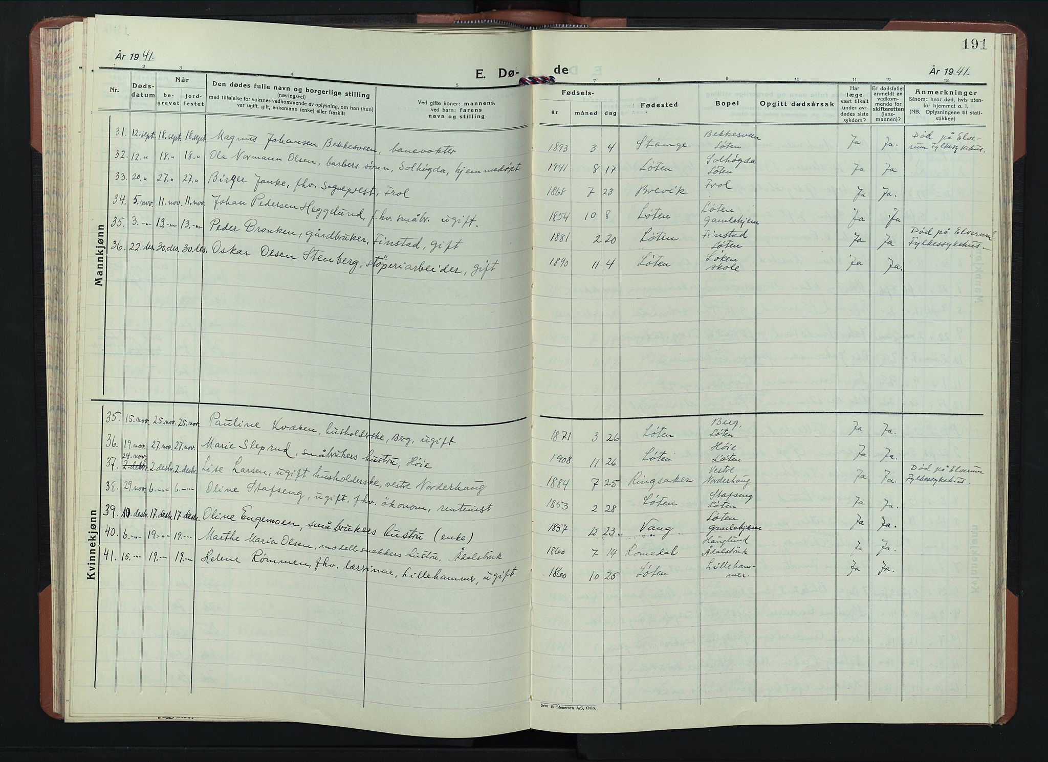 Løten prestekontor, SAH/PREST-022/L/La/L0010: Klokkerbok nr. 10, 1940-1945, s. 191