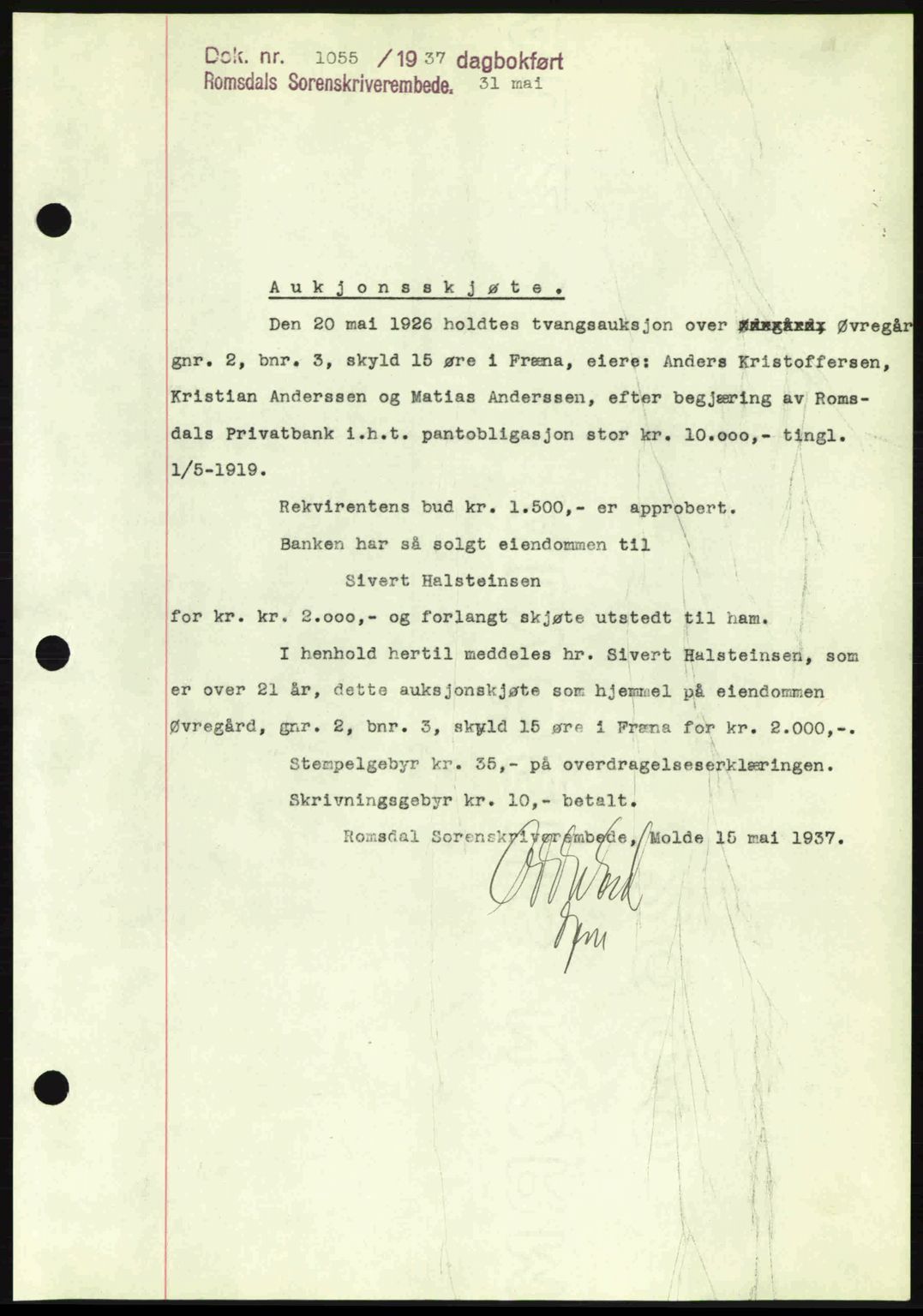 Romsdal sorenskriveri, SAT/A-4149/1/2/2C: Pantebok nr. A3, 1937-1937, Dagboknr: 1055/1937