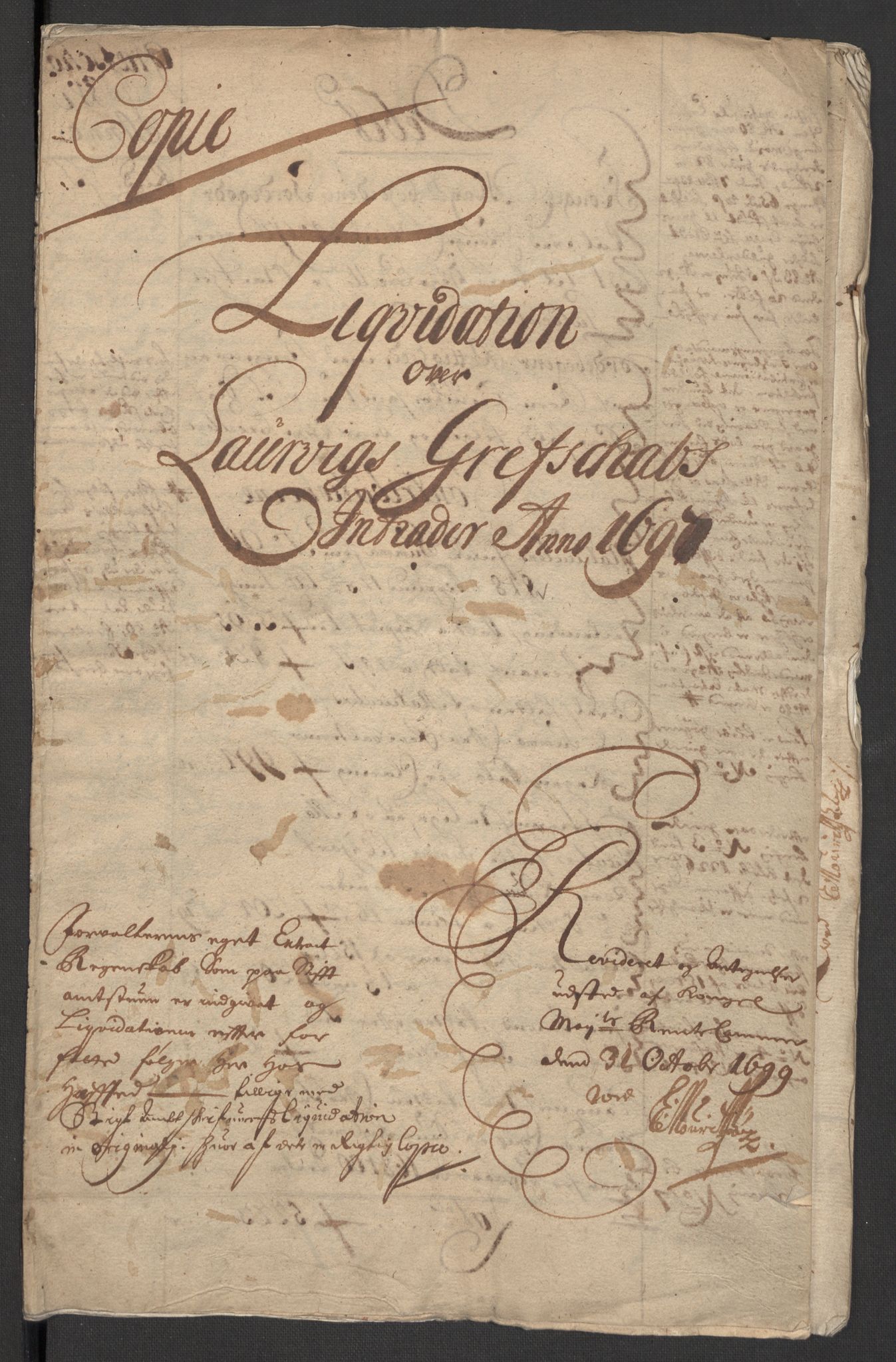 Rentekammeret inntil 1814, Reviderte regnskaper, Fogderegnskap, RA/EA-4092/R33/L1975: Fogderegnskap Larvik grevskap, 1696-1697, s. 107