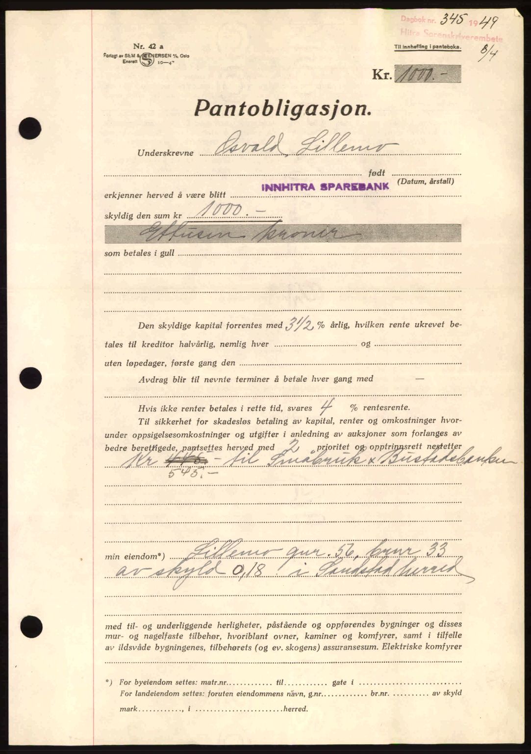 Hitra sorenskriveri, AV/SAT-A-0018/2/2C/2Ca: Pantebok nr. B1, 1939-1949, Dagboknr: 345/1949