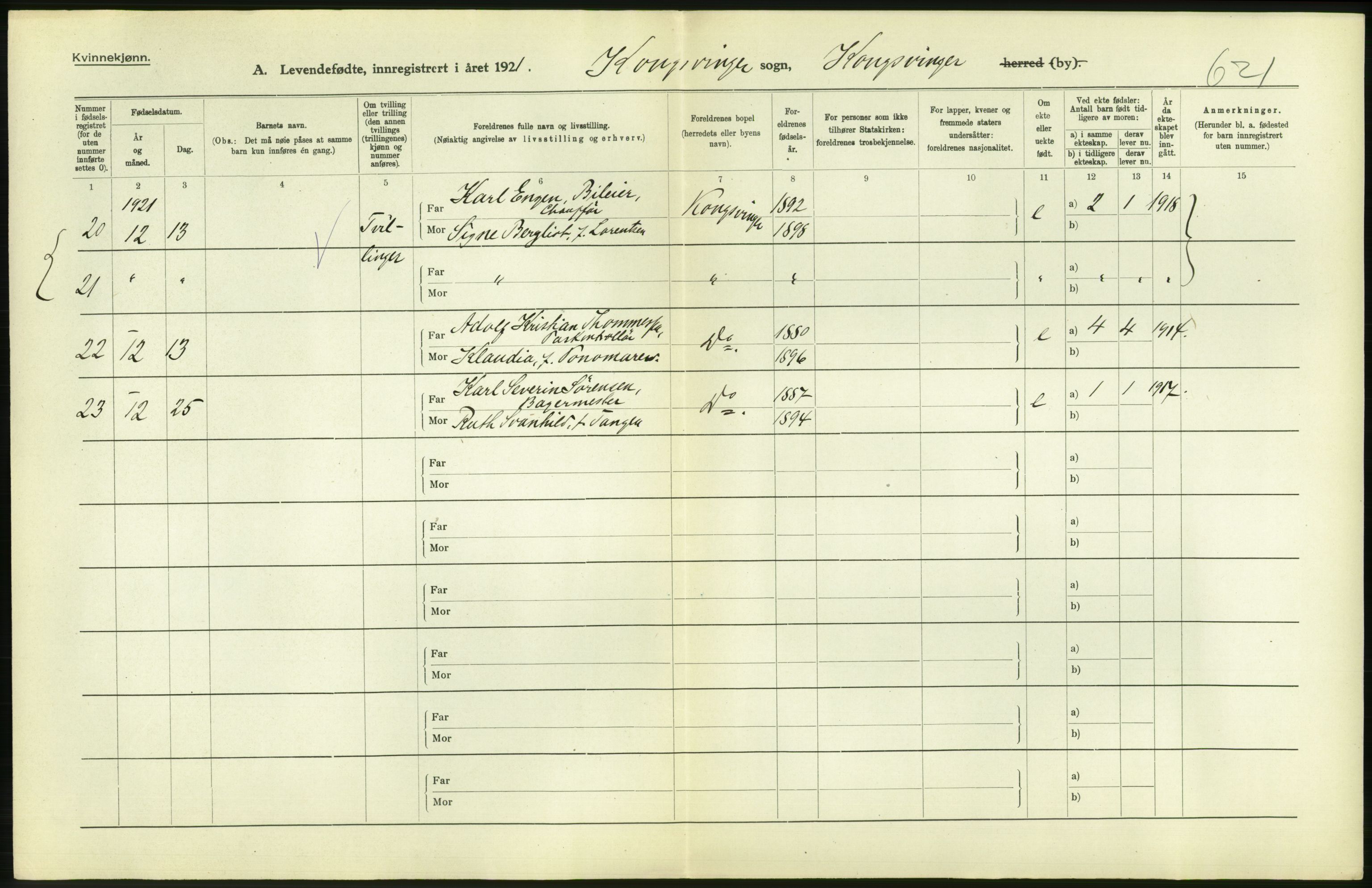 Statistisk sentralbyrå, Sosiodemografiske emner, Befolkning, AV/RA-S-2228/D/Df/Dfc/Dfca/L0015: Hedemark fylke: Levendefødte menn og kvinner. Byer, 1921, s. 40