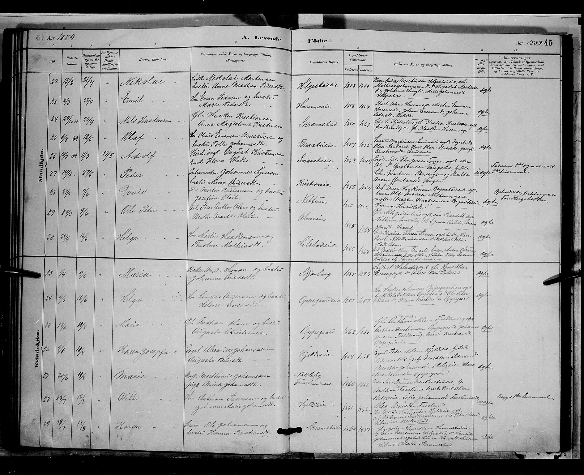 Østre Toten prestekontor, AV/SAH-PREST-104/H/Ha/Hab/L0005: Klokkerbok nr. 5, 1884-1893, s. 45