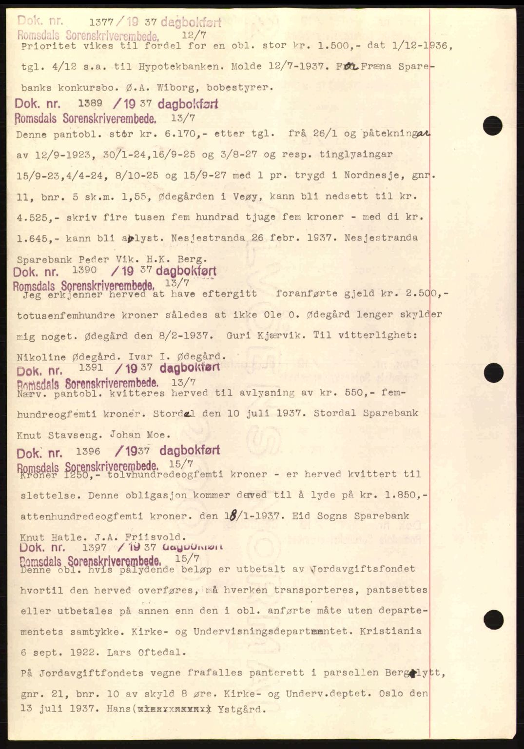 Romsdal sorenskriveri, AV/SAT-A-4149/1/2/2C: Pantebok nr. C1a, 1936-1945, Dagboknr: 1377/1937