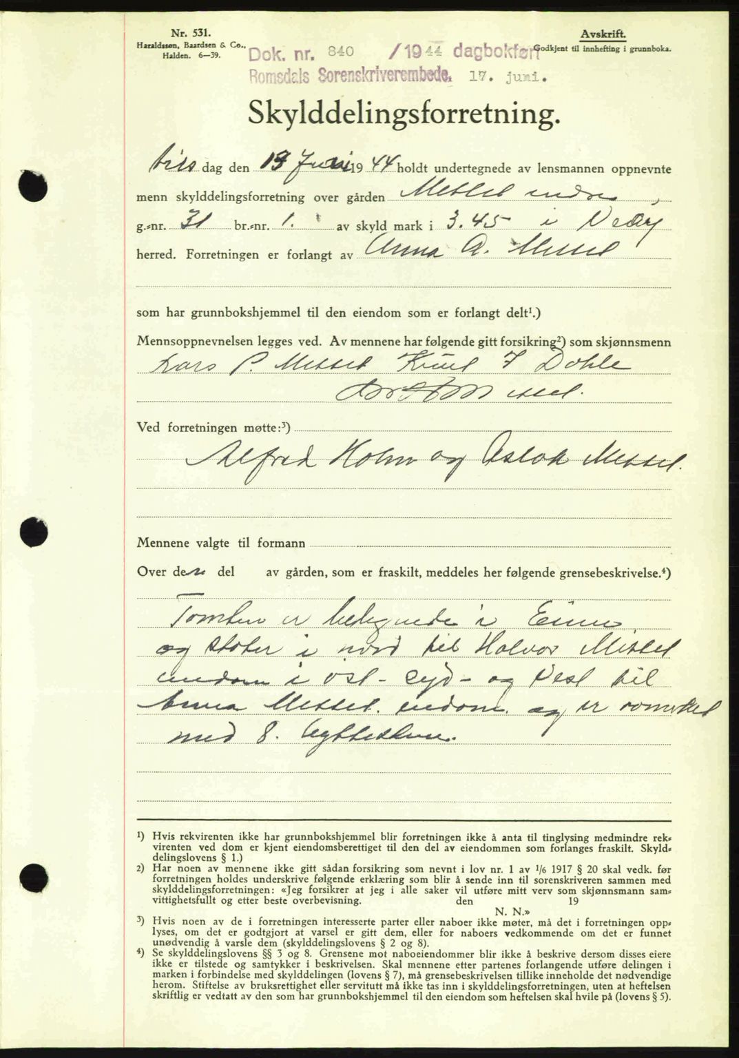 Romsdal sorenskriveri, AV/SAT-A-4149/1/2/2C: Pantebok nr. A16, 1944-1944, Dagboknr: 840/1944