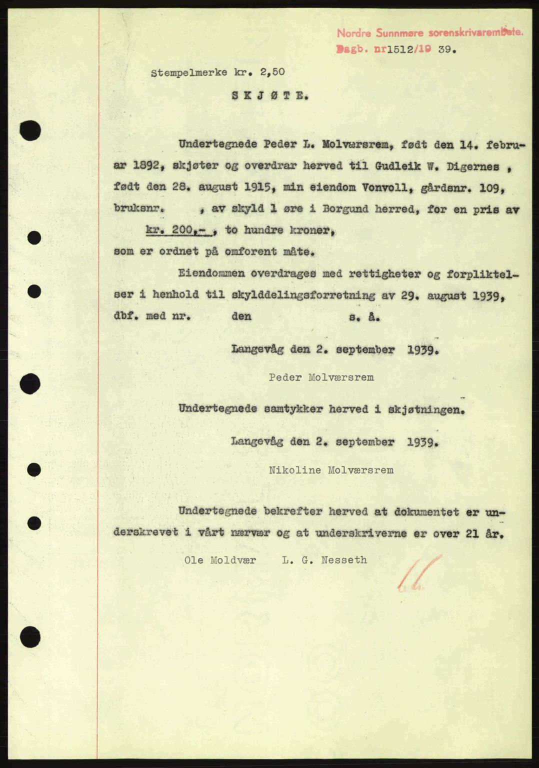 Nordre Sunnmøre sorenskriveri, SAT/A-0006/1/2/2C/2Ca: Pantebok nr. A7, 1939-1939, Dagboknr: 1512/1939