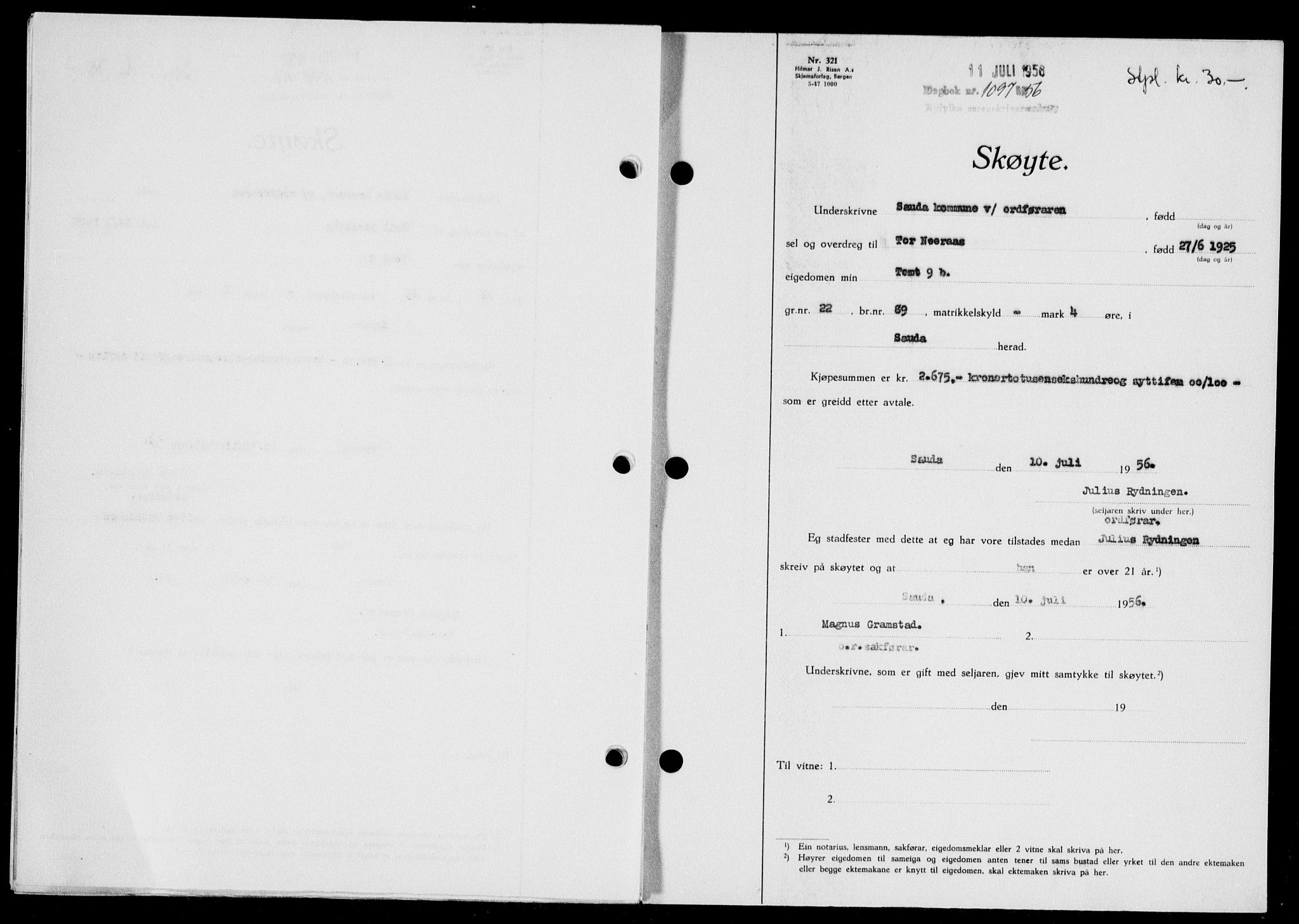 Ryfylke tingrett, SAST/A-100055/001/II/IIB/L0134: Pantebok nr. 113, 1956-1956, Dagboknr: 1097/1956