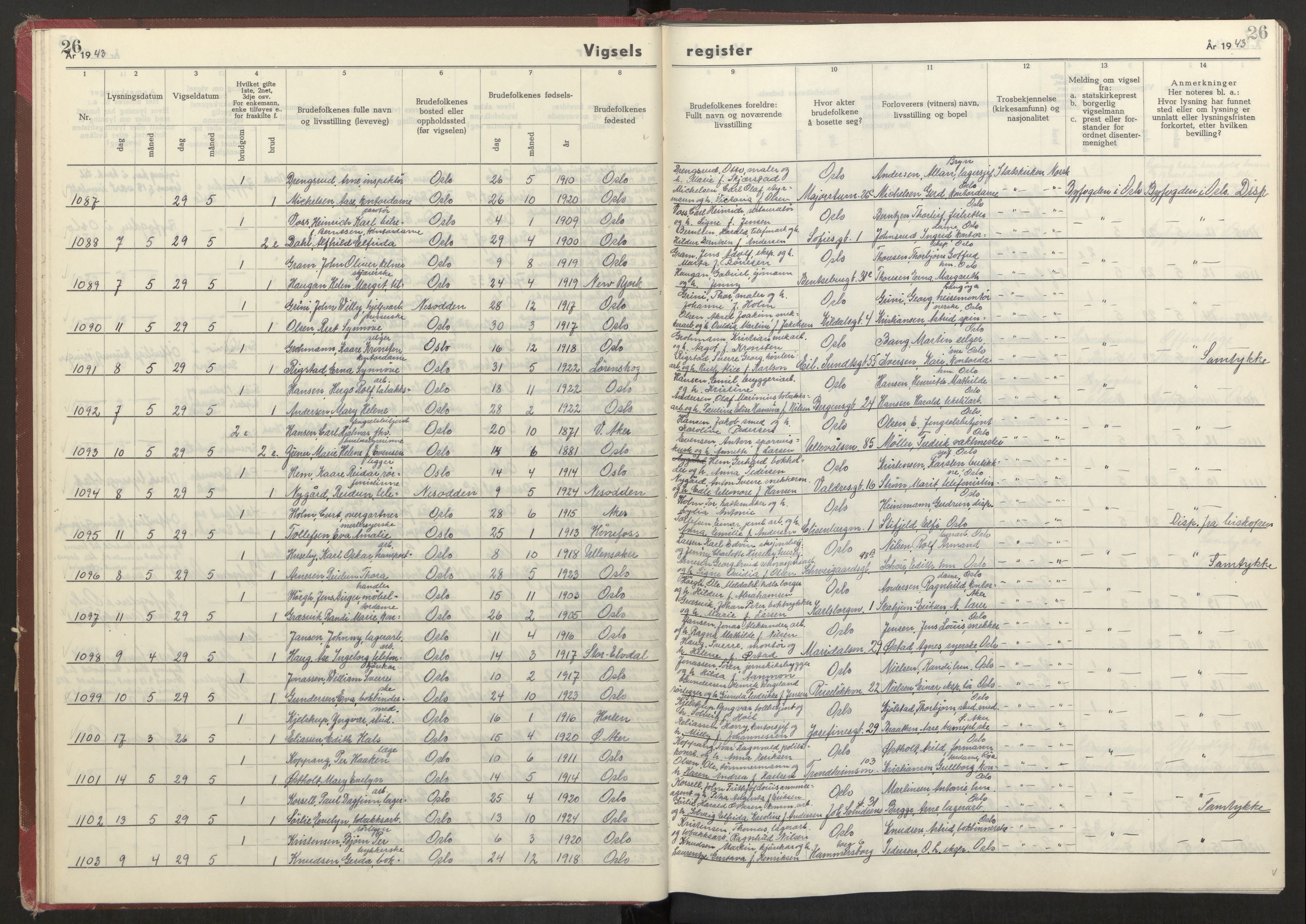 Oslo folkeregister, AV/SAO-A-10991/G/Ga/L0004: Vigselsregister for Oslo, 1943-1944, s. 26