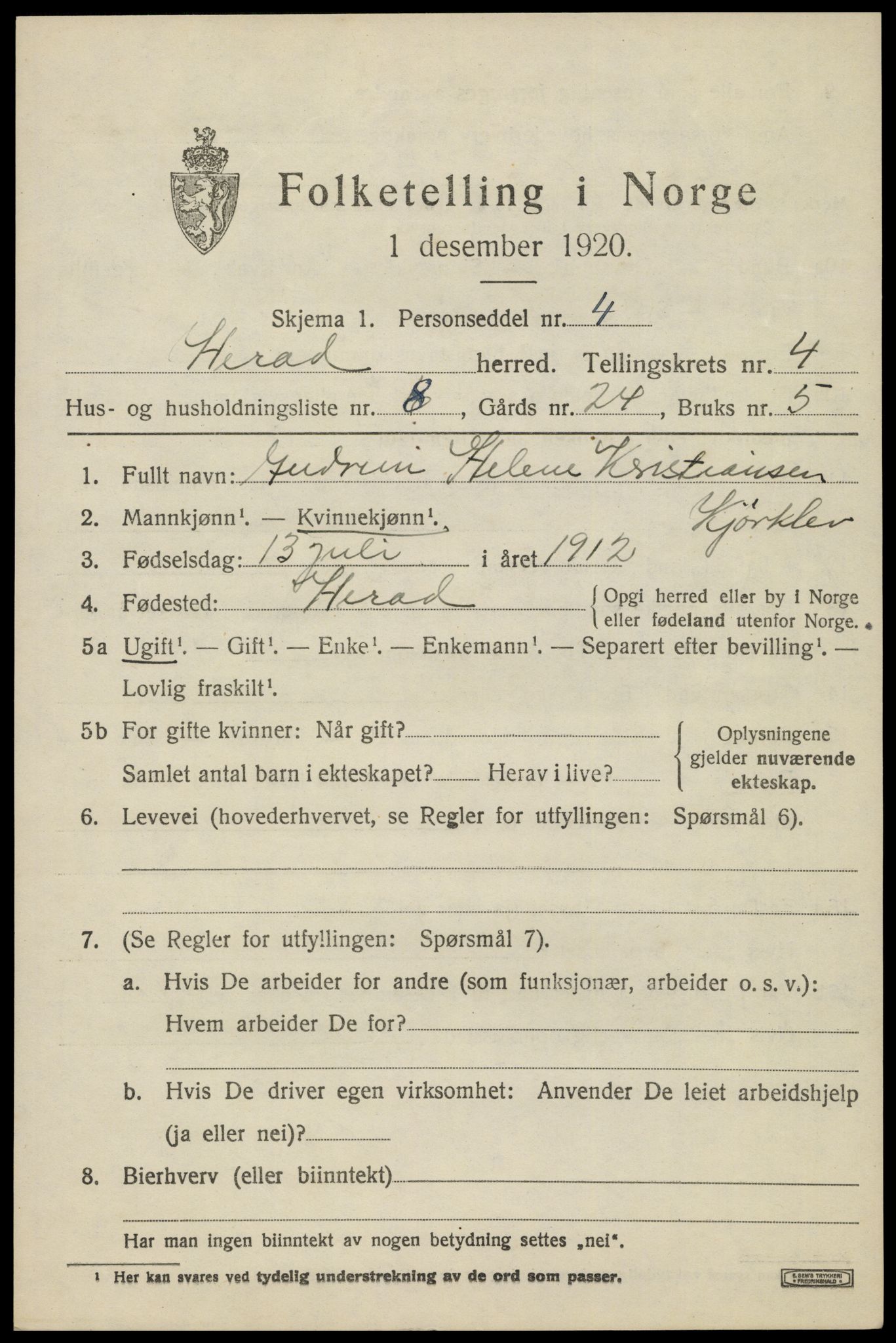 SAK, Folketelling 1920 for 1039 Herad herred, 1920, s. 1812