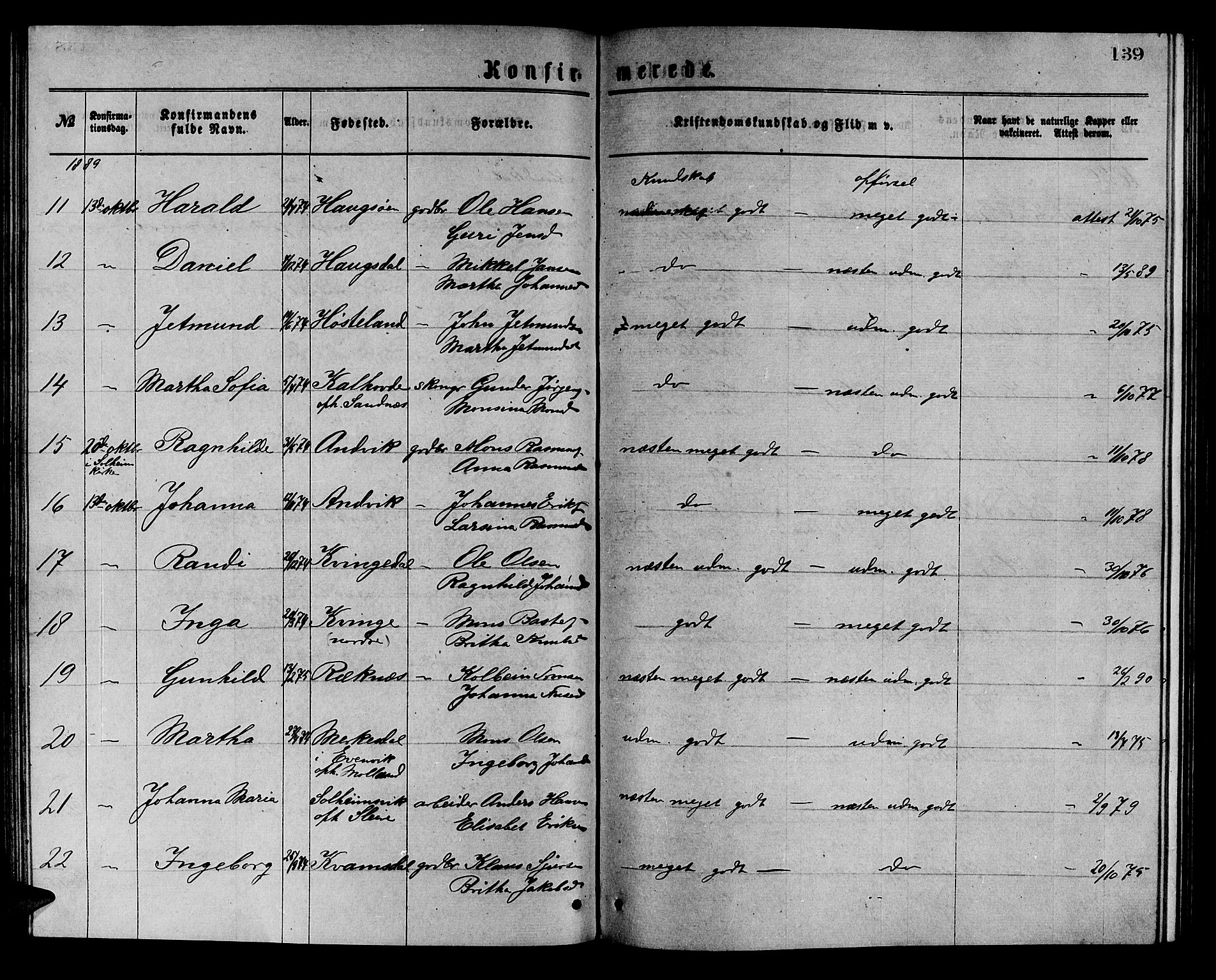 Masfjorden sokneprestembete, AV/SAB-A-77001: Klokkerbok nr. A 2, 1876-1891, s. 139