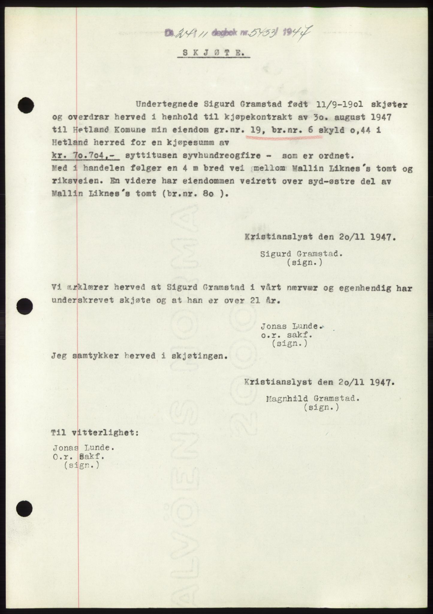 Jæren sorenskriveri, SAST/A-100310/03/G/Gba/L0096: Pantebok, 1947-1947, Dagboknr: 5453/1947