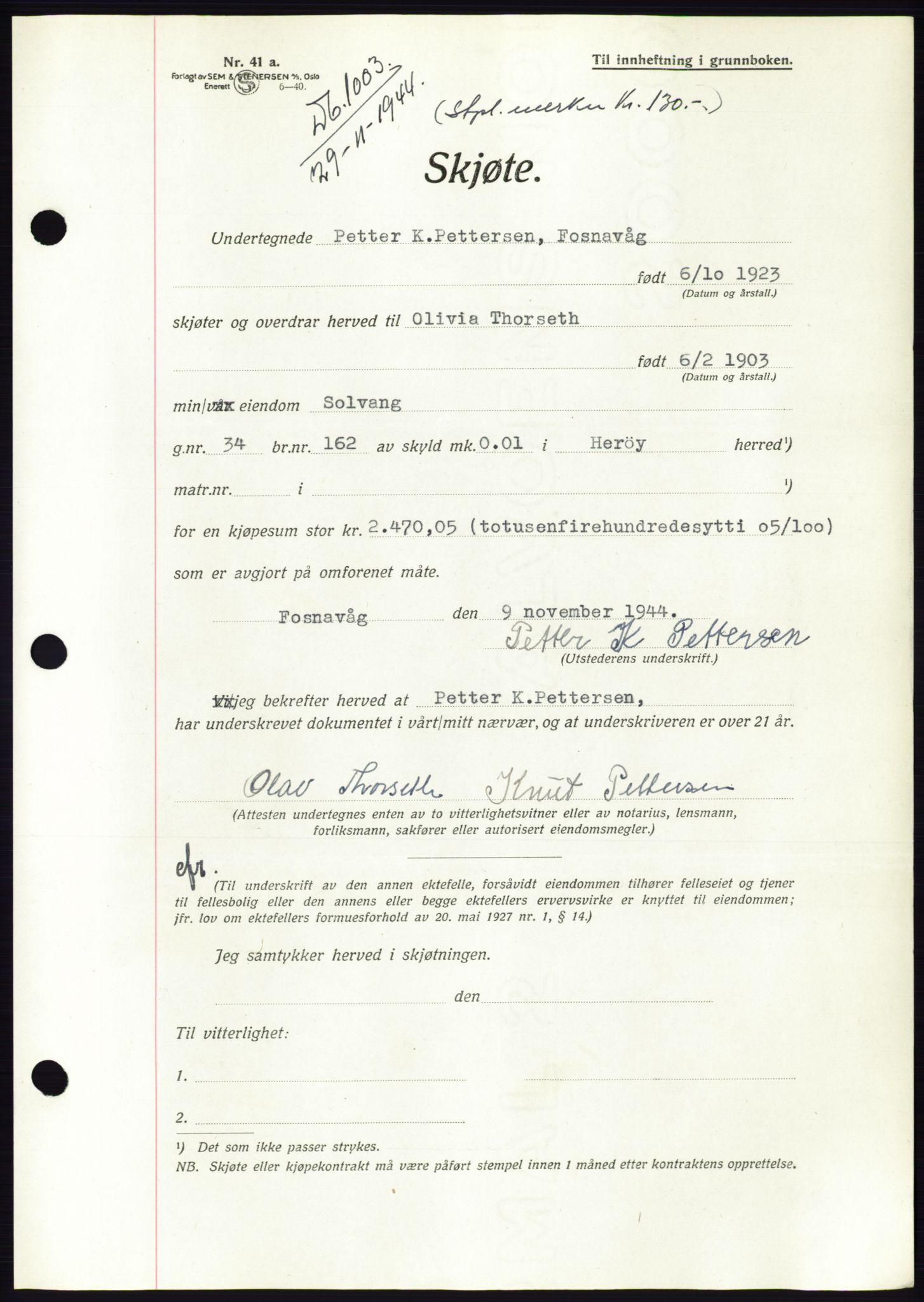 Søre Sunnmøre sorenskriveri, AV/SAT-A-4122/1/2/2C/L0076: Pantebok nr. 2A, 1943-1944, Dagboknr: 1003/1944