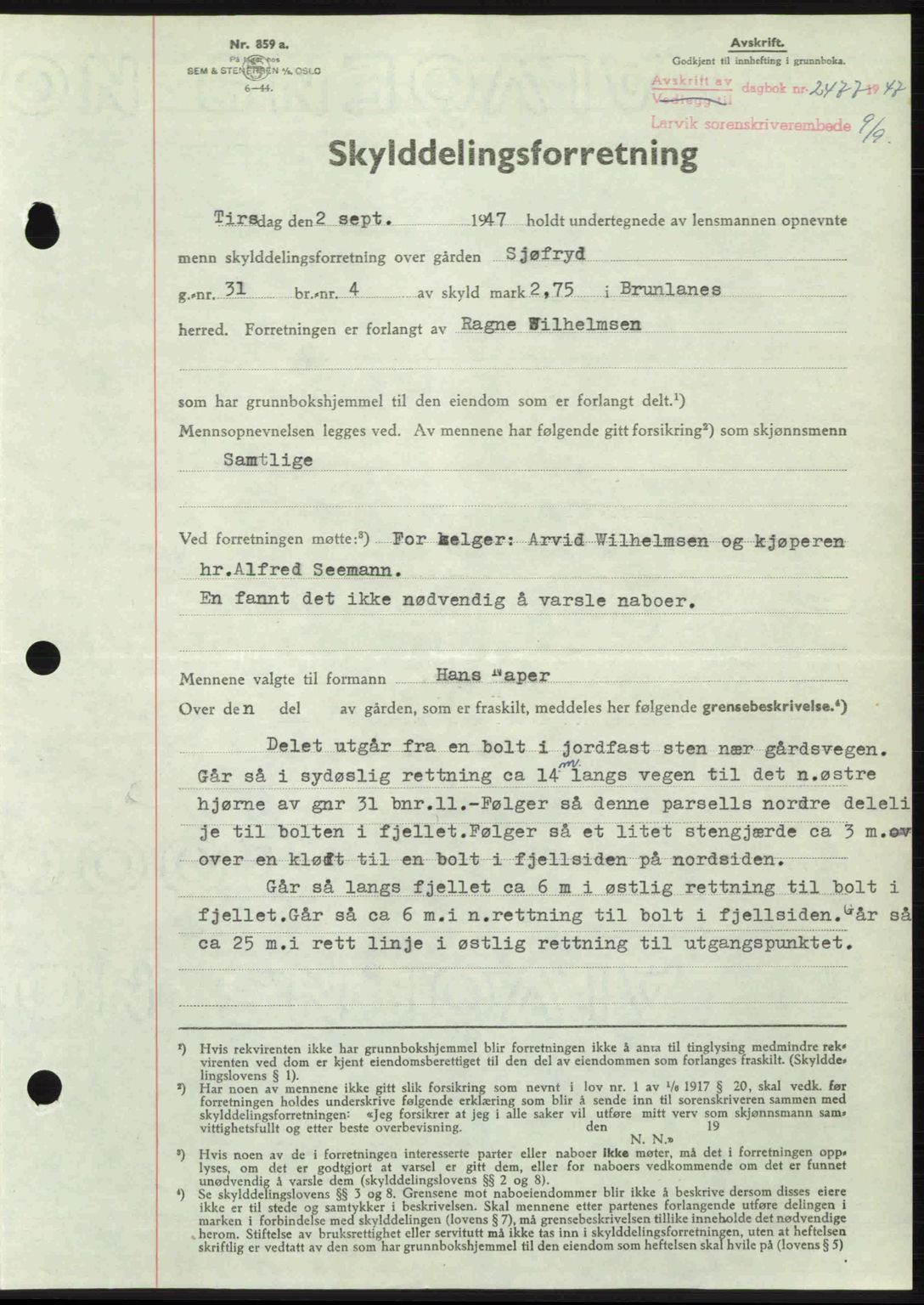 Larvik sorenskriveri, SAKO/A-83/G/Ga/Gab/L0085: Pantebok nr. A-19, 1947-1948, Dagboknr: 2477/1947