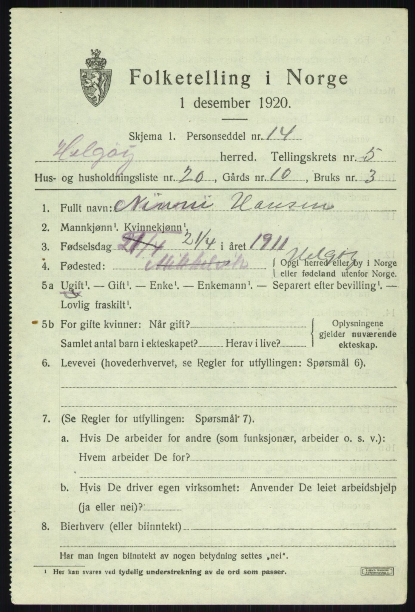 SATØ, Folketelling 1920 for 1935 Helgøy herred, 1920, s. 2211