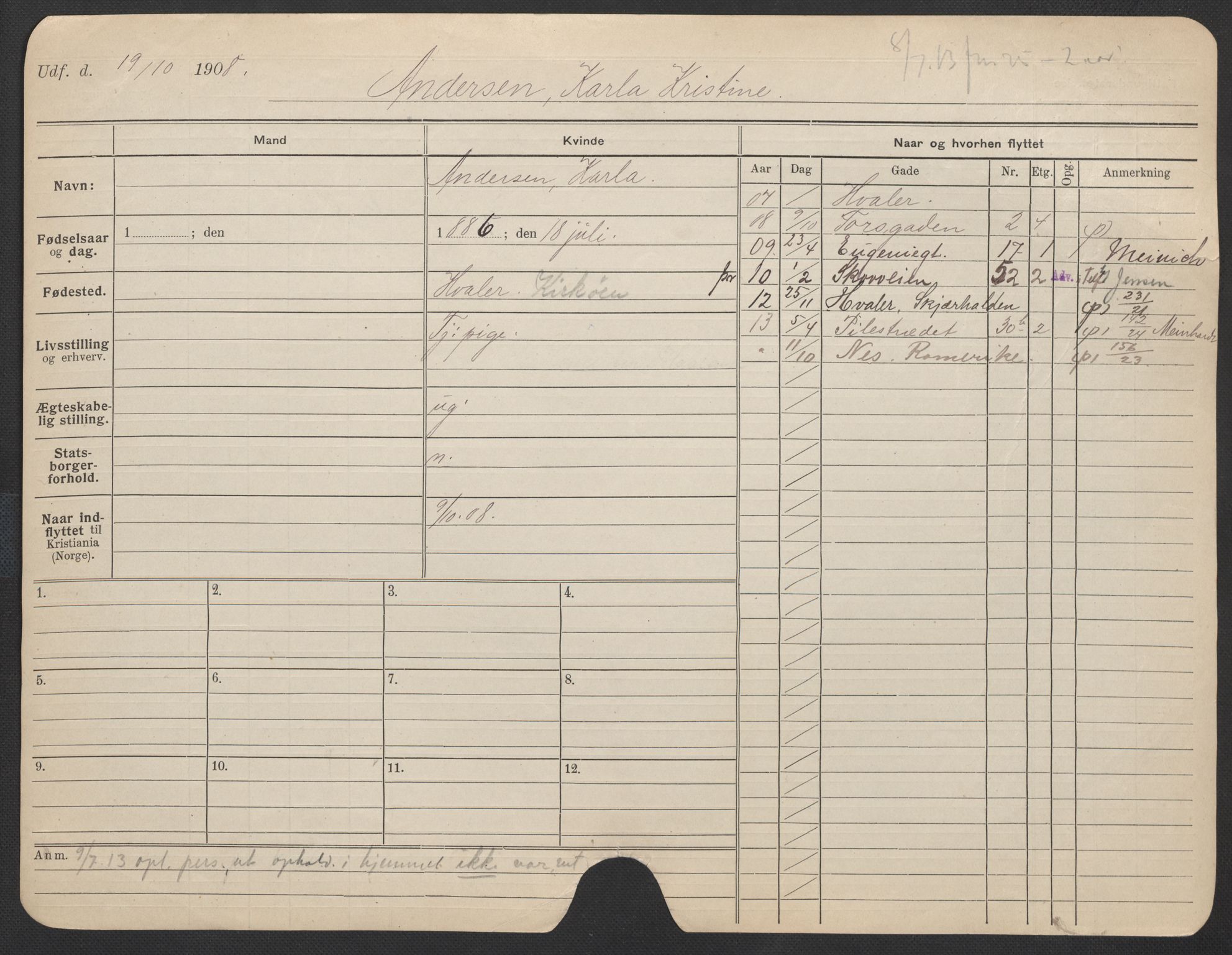 Oslo folkeregister, Registerkort, SAO/A-11715/F/Fa/Fac/L0012: Kvinner, 1906-1914, s. 525a