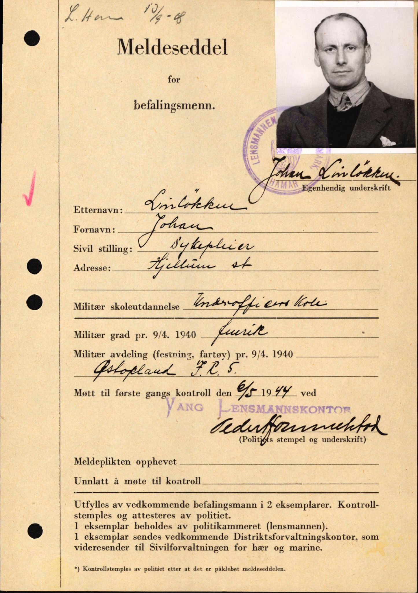 Forsvaret, Forsvarets krigshistoriske avdeling, AV/RA-RAFA-2017/Y/Yf/L0209: II-C-11-2121  -  Okkupasjonstiden.  Meldesedler for befal med foto og oppl. om militær grad 9. apr. 1940., 1944-1945, s. 100