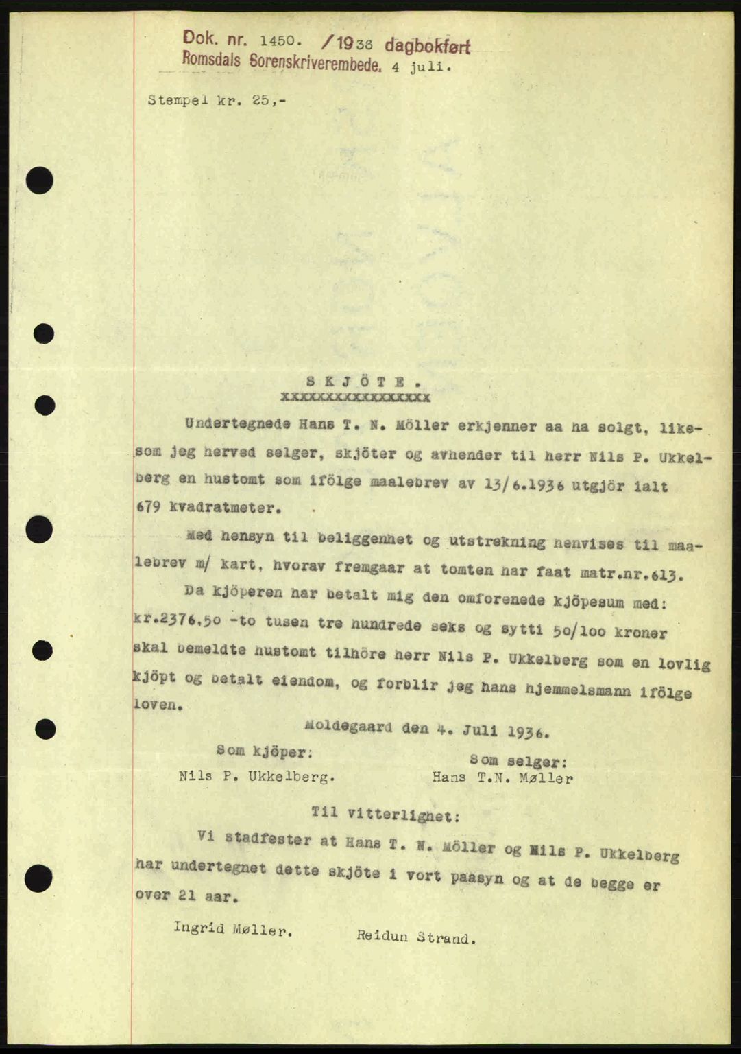 Romsdal sorenskriveri, SAT/A-4149/1/2/2C: Pantebok nr. A1, 1936-1936, Dagboknr: 1450/1936