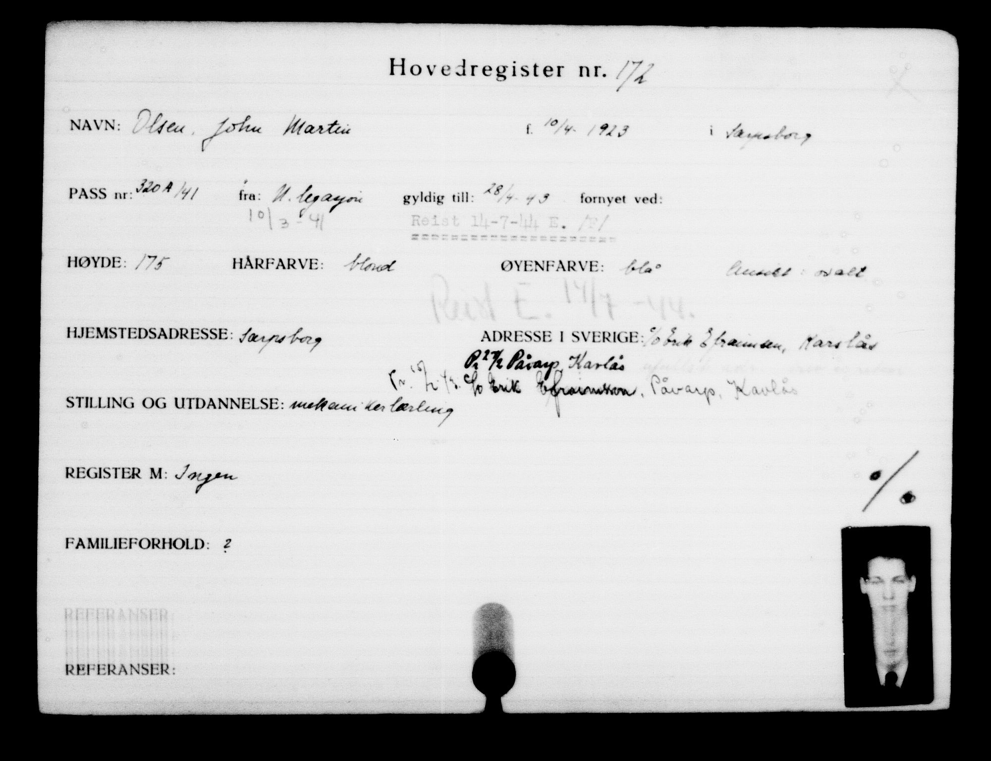 Utenriksstasjonene, Legasjonen i Stockholm, Flyktningkontoret, AV/RA-S-6753/V/Va/L0001: Kjesäterkartoteket, flyktninger med registreringsnr. 1-1000, 1940-1945, s. 279
