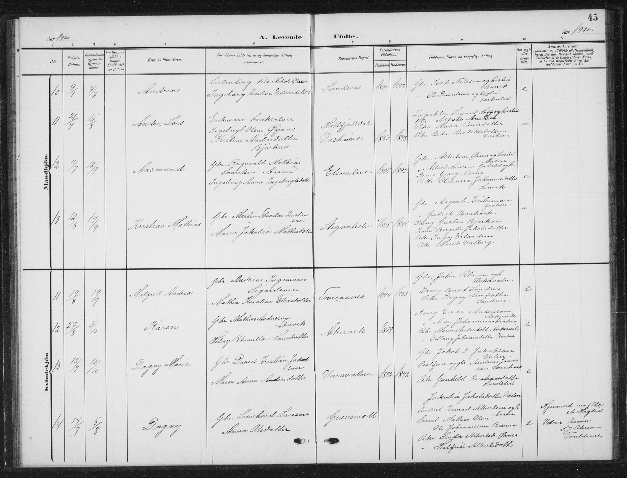 Ministerialprotokoller, klokkerbøker og fødselsregistre - Nordland, AV/SAT-A-1459/823/L0331: Klokkerbok nr. 823C03, 1905-1934, s. 45