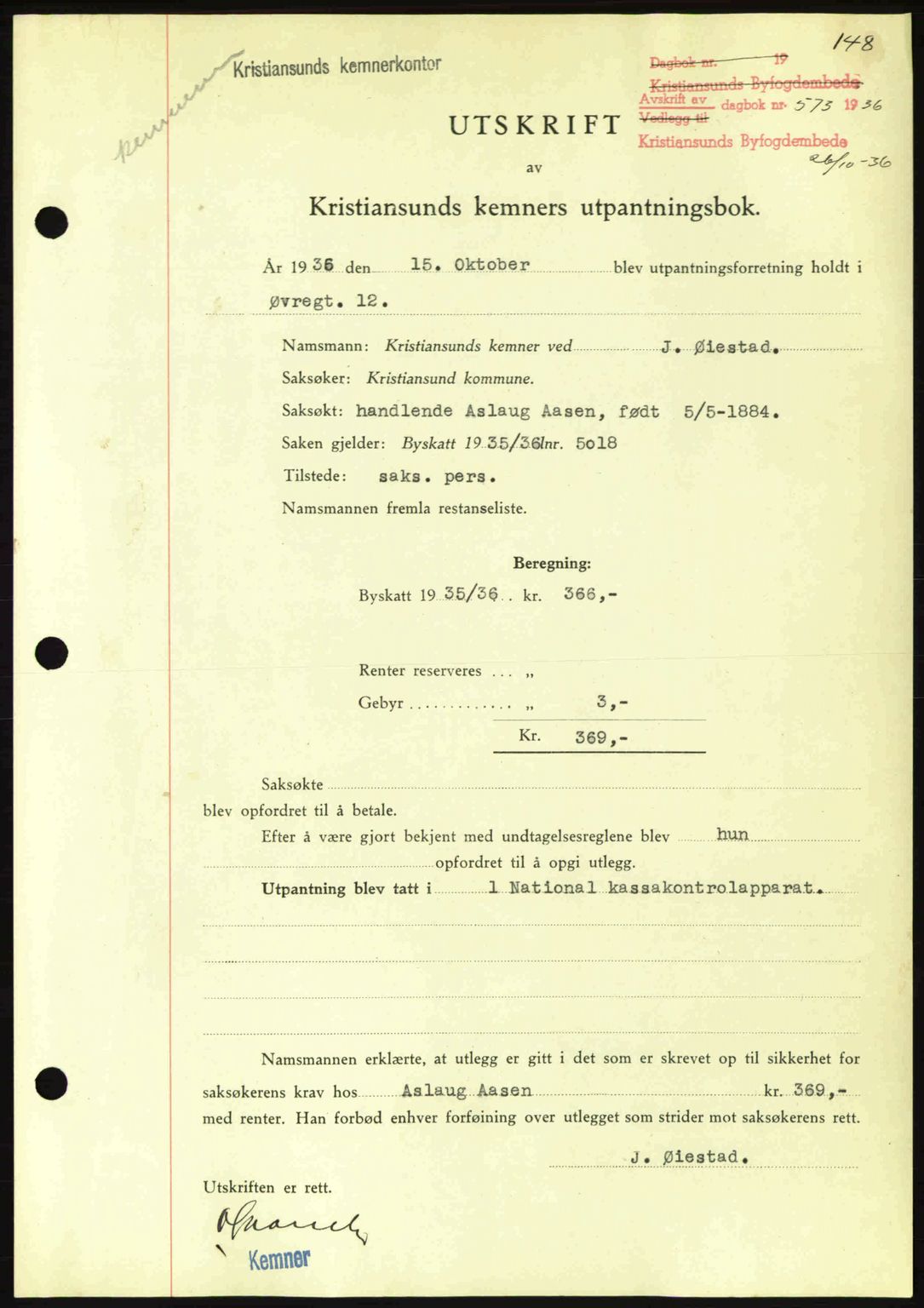 Kristiansund byfogd, SAT/A-4587/A/27: Pantebok nr. 29, 1936-1937, Dagboknr: 573/1936