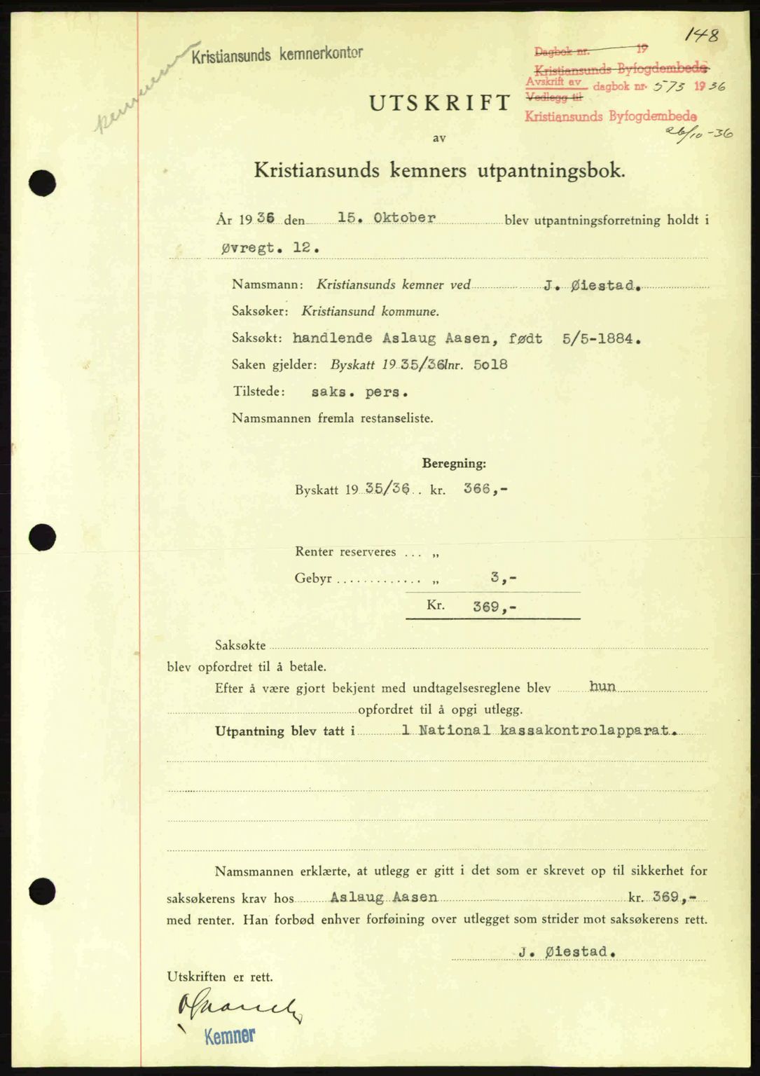 Kristiansund byfogd, AV/SAT-A-4587/A/27: Pantebok nr. 29, 1936-1937, Dagboknr: 573/1936