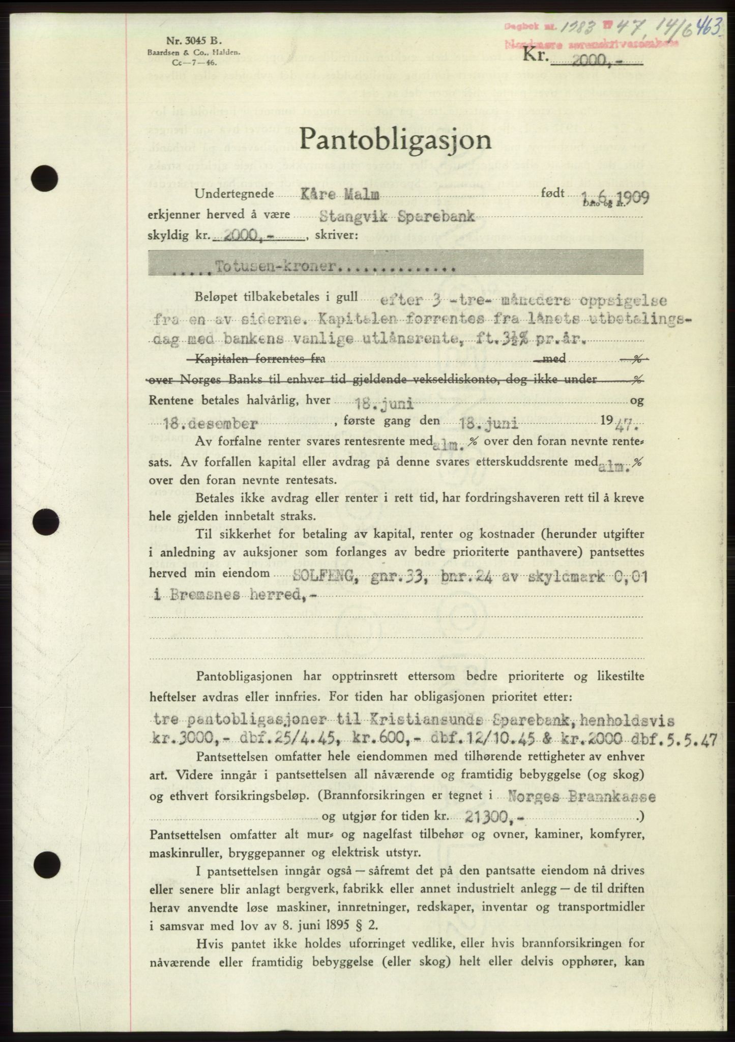 Nordmøre sorenskriveri, SAT/A-4132/1/2/2Ca: Pantebok nr. B96, 1947-1947, Dagboknr: 1283/1947