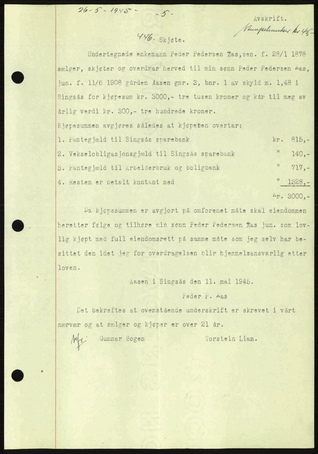 Gauldal sorenskriveri, SAT/A-0014/1/2/2C: Pantebok nr. A1a, 1945-1945, Dagboknr: 446/1945