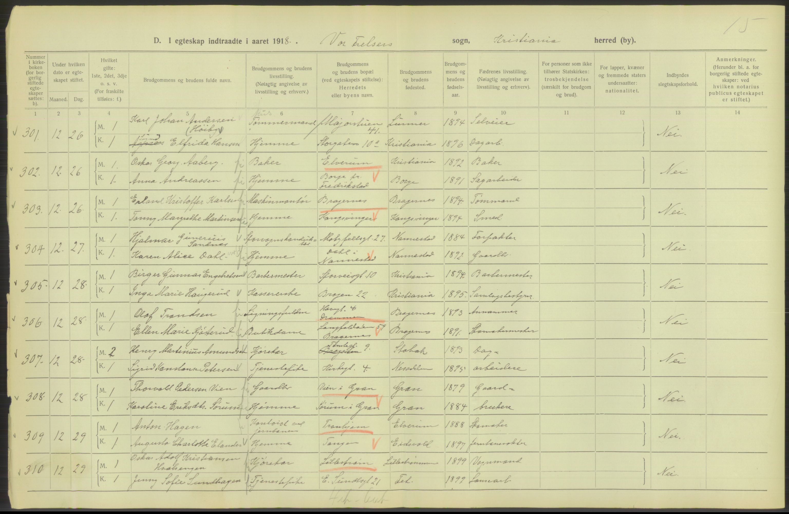 Statistisk sentralbyrå, Sosiodemografiske emner, Befolkning, AV/RA-S-2228/D/Df/Dfb/Dfbh/L0009: Kristiania: Gifte, 1918, s. 120