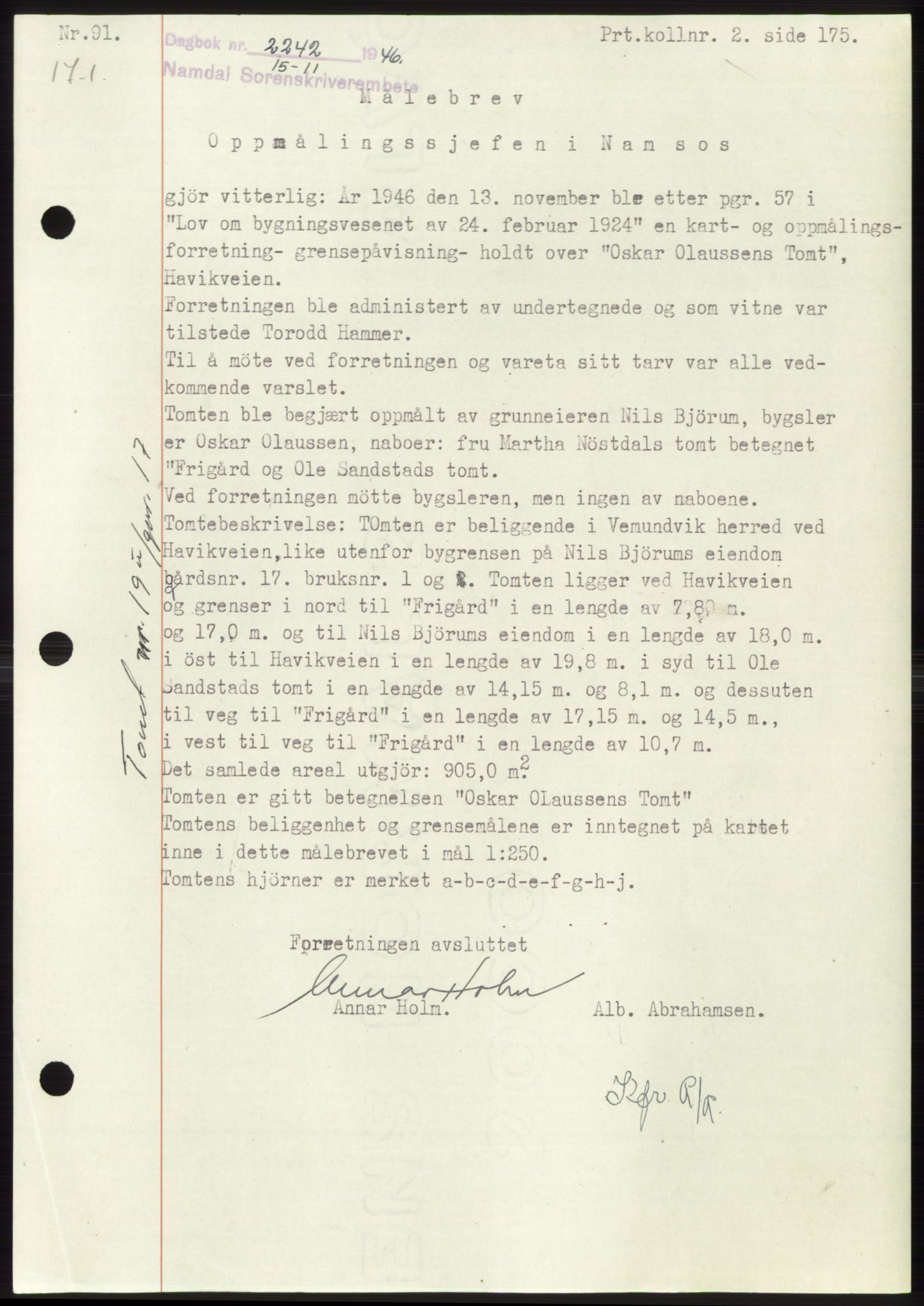 Namdal sorenskriveri, SAT/A-4133/1/2/2C: Pantebok nr. -, 1946-1947, Dagboknr: 2242/1946
