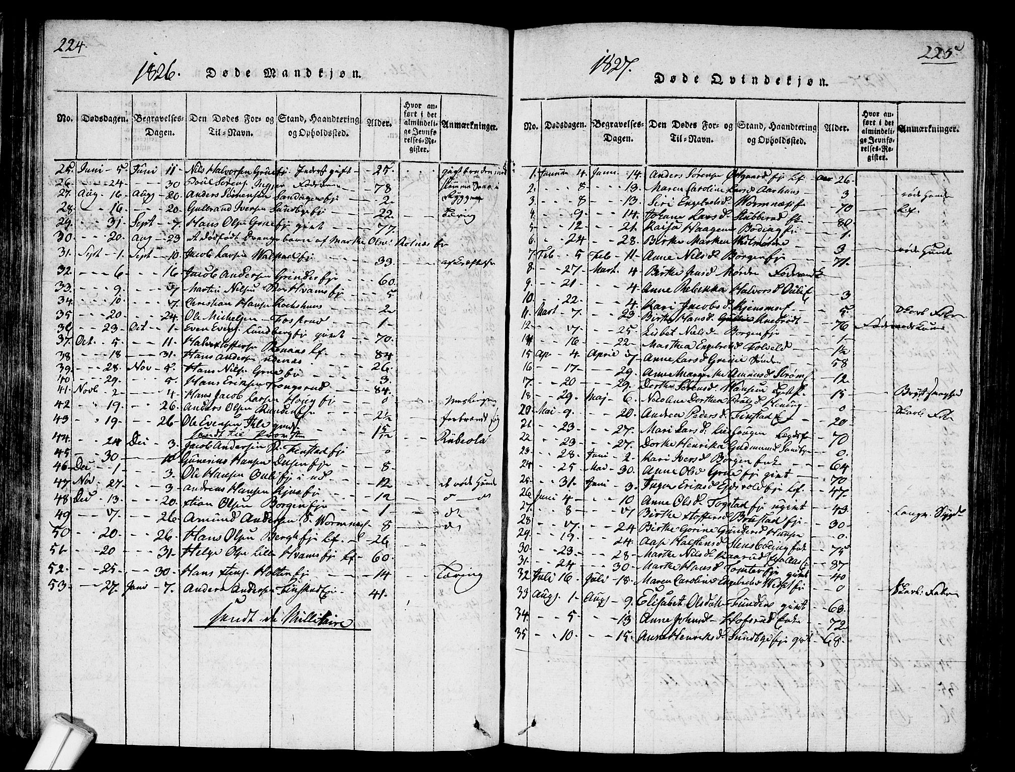 Nes prestekontor Kirkebøker, AV/SAO-A-10410/G/Ga/L0001: Klokkerbok nr. I 1, 1815-1835, s. 224-225