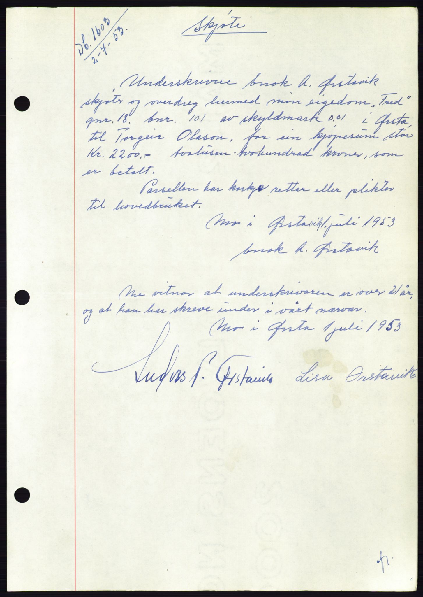 Søre Sunnmøre sorenskriveri, AV/SAT-A-4122/1/2/2C/L0095: Pantebok nr. 21A, 1953-1953, Dagboknr: 1603/1953