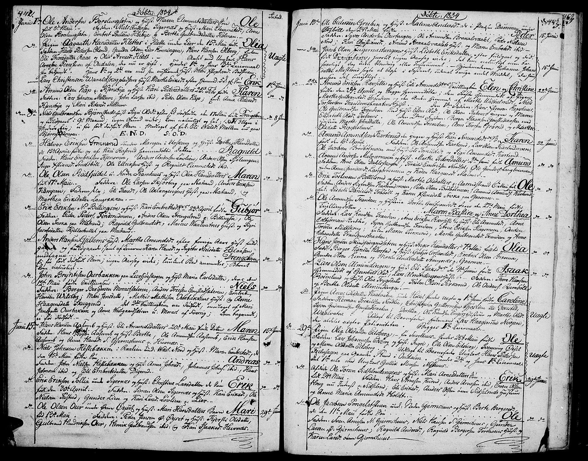 Vinger prestekontor, AV/SAH-PREST-024/H/Ha/Hab/L0002: Klokkerbok nr. 2, 1818-1834, s. 442-443