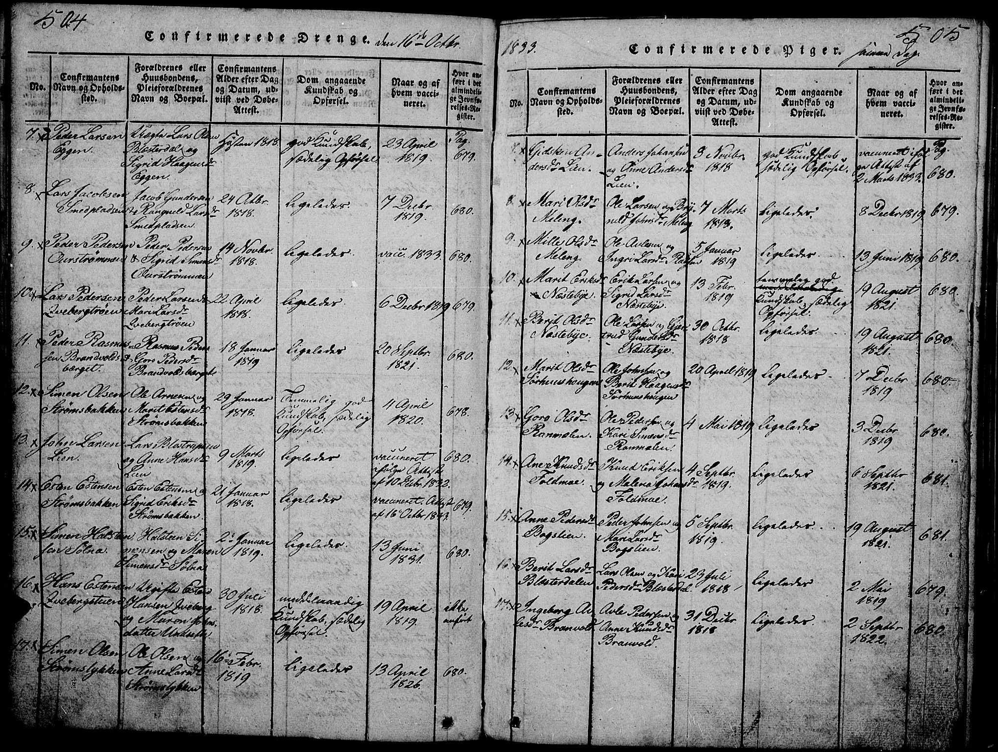 Tynset prestekontor, SAH/PREST-058/H/Ha/Hab/L0002: Klokkerbok nr. 2, 1814-1862, s. 504-505