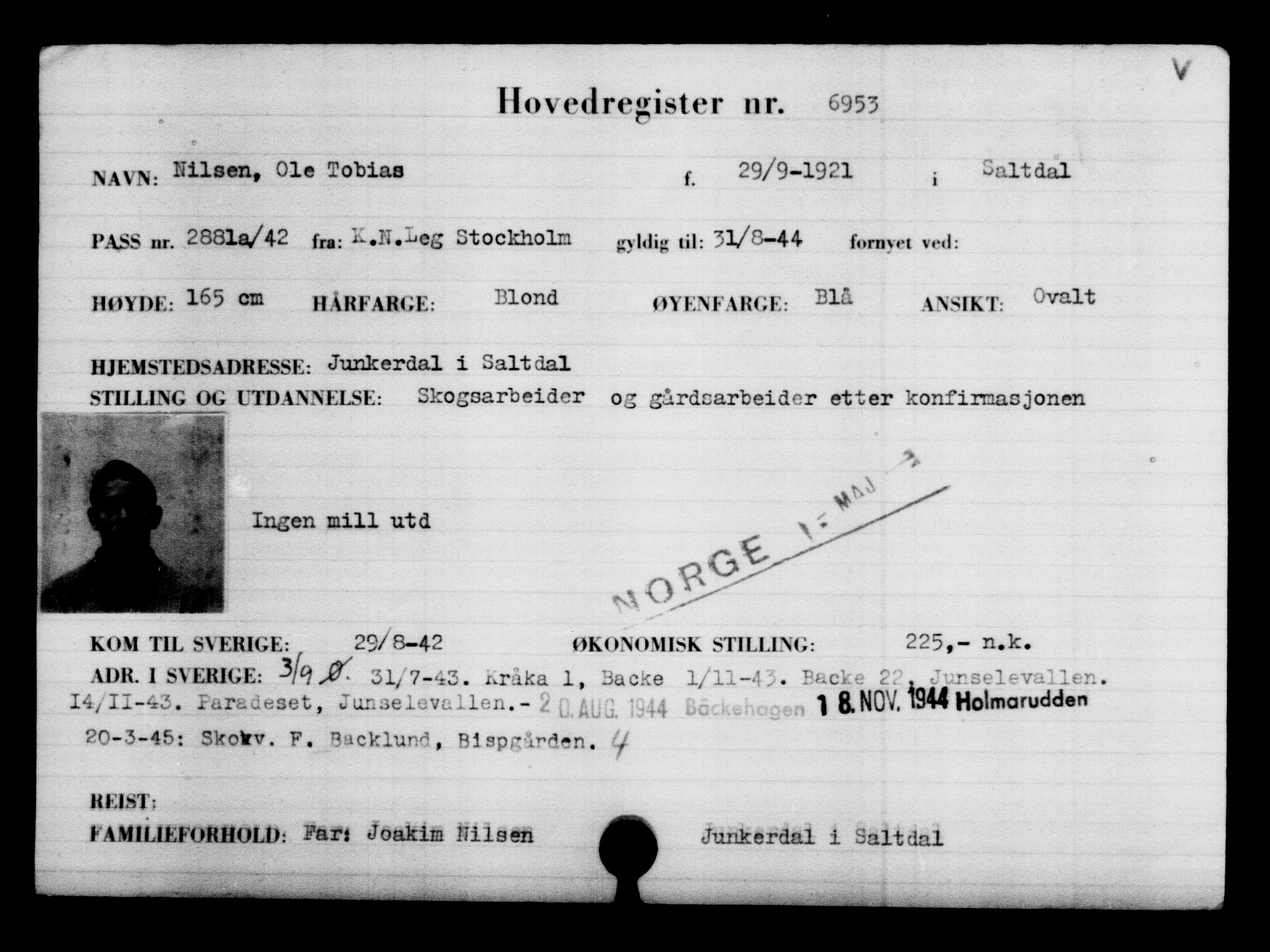 Utenriksstasjonene, Legasjonen i Stockholm, Flyktningkontoret, AV/RA-S-6753/V/Va/L0005: Kjesäterkartoteket, flyktning nr. 6600-9417, 1940-1945, s. 430