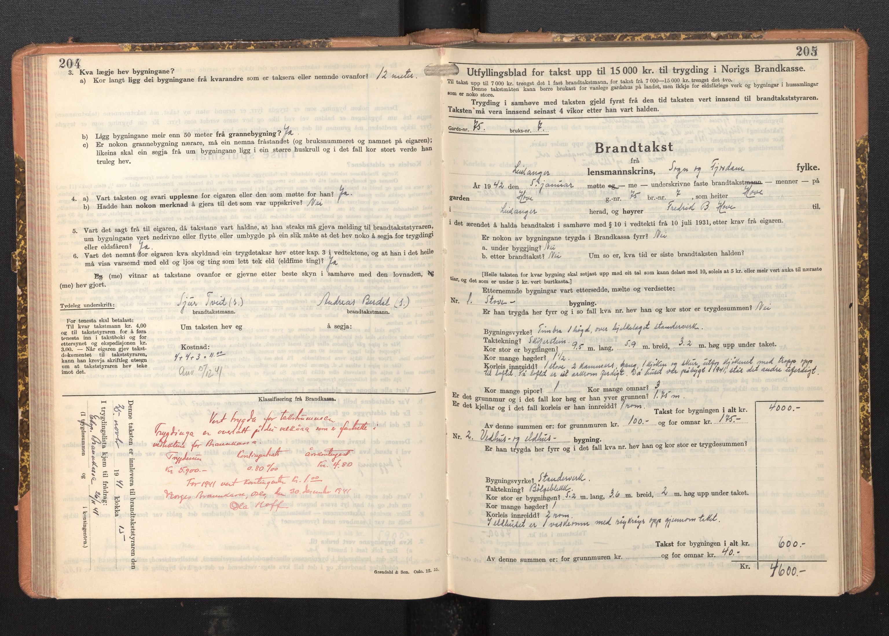Lensmannen i Leikanger, AV/SAB-A-29201/0012/L0008: Branntakstprotokoll, skjematakst, 1937-1946, s. 204-205