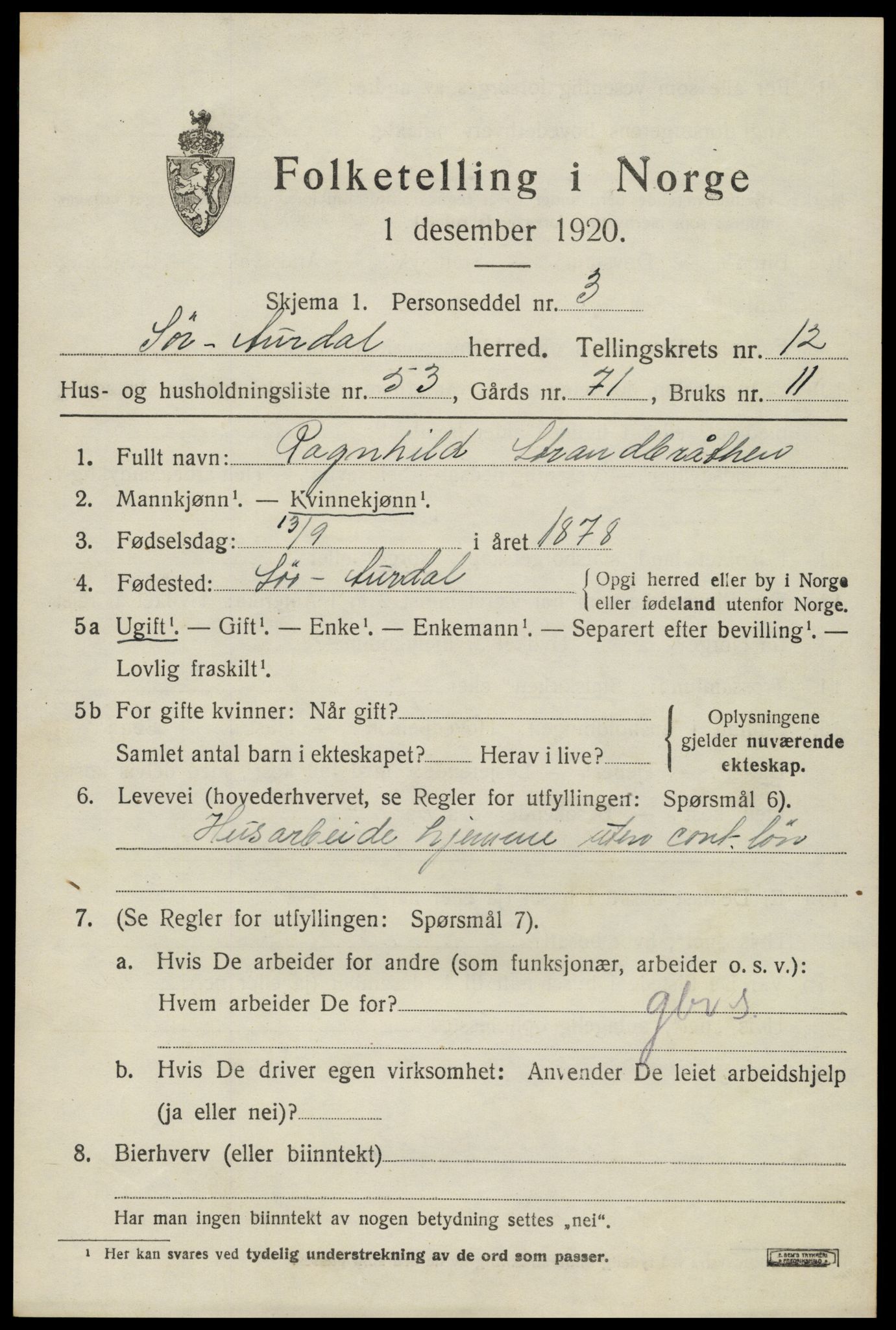 SAH, Folketelling 1920 for 0540 Sør-Aurdal herred, 1920, s. 7467