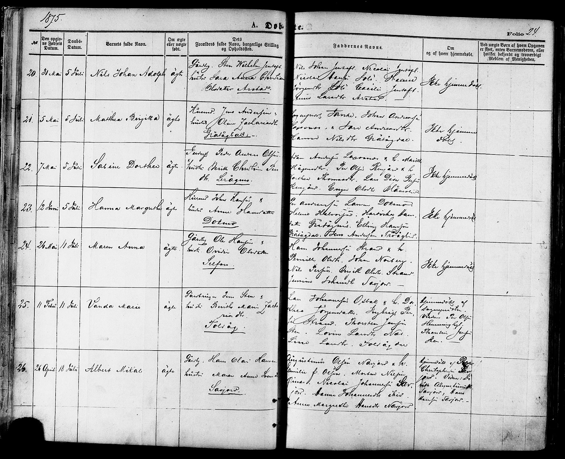 Ministerialprotokoller, klokkerbøker og fødselsregistre - Nordland, AV/SAT-A-1459/846/L0645: Ministerialbok nr. 846A03, 1872-1886, s. 24