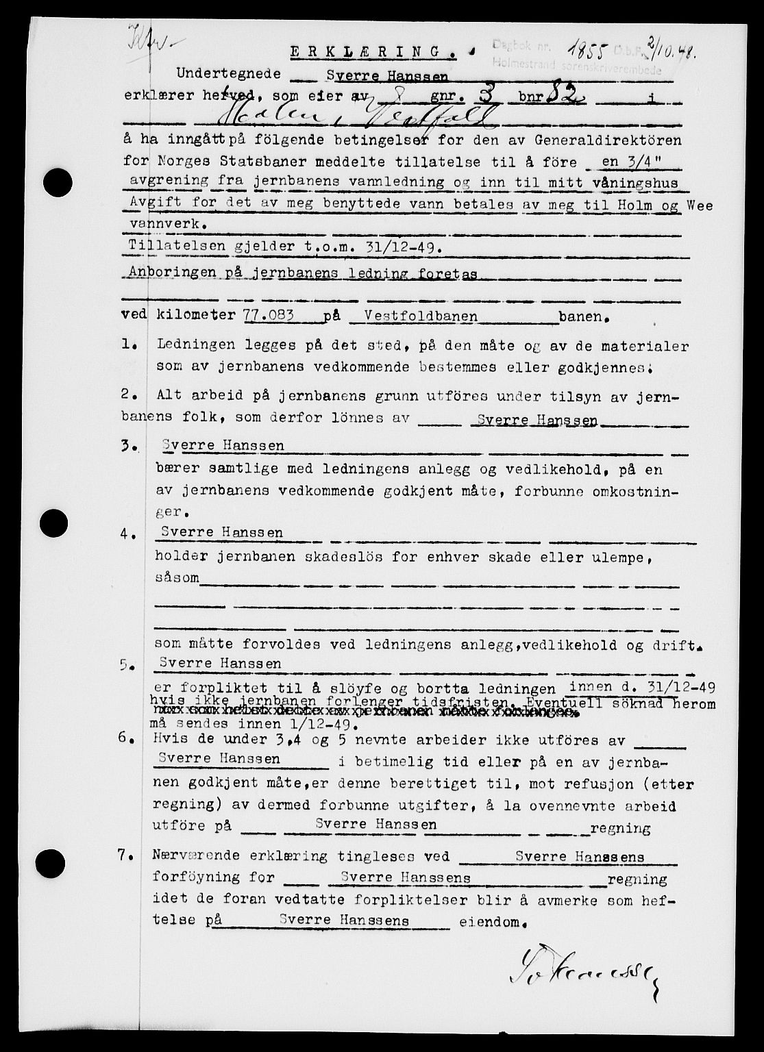 Holmestrand sorenskriveri, SAKO/A-67/G/Ga/Gaa/L0065: Pantebok nr. A-65, 1948-1949, Dagboknr: 1855/1948